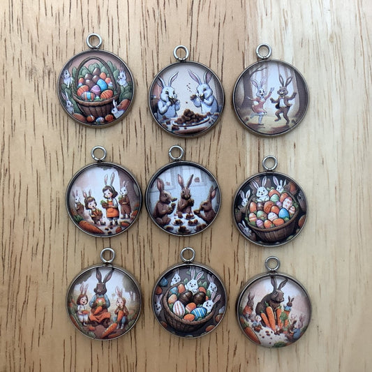 Group of 9 charms featuring easter bunnies and easter baskets