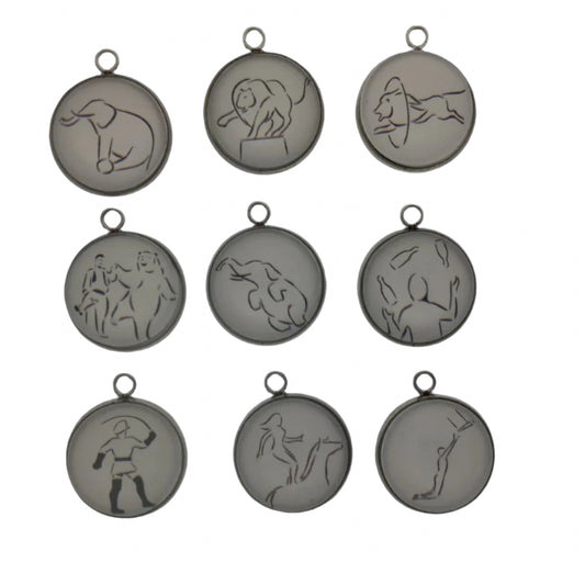 group of 9 charms - line art drawings in the circus theme
