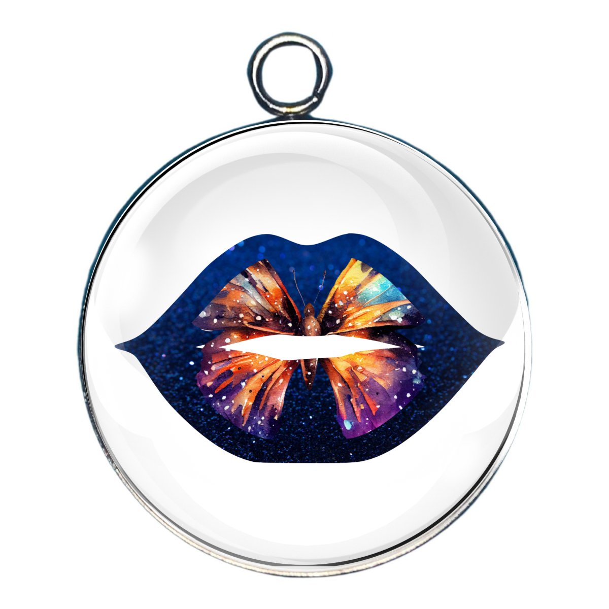 a charm depicting blue glitter with a colorful butterfly