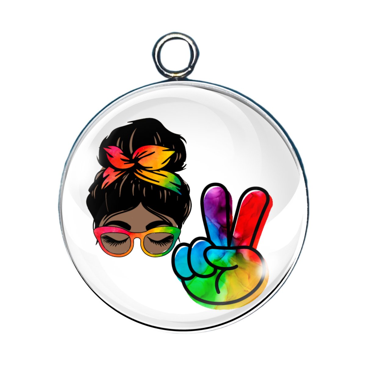 charm depicting a lady in a messy bun and a peace sign
