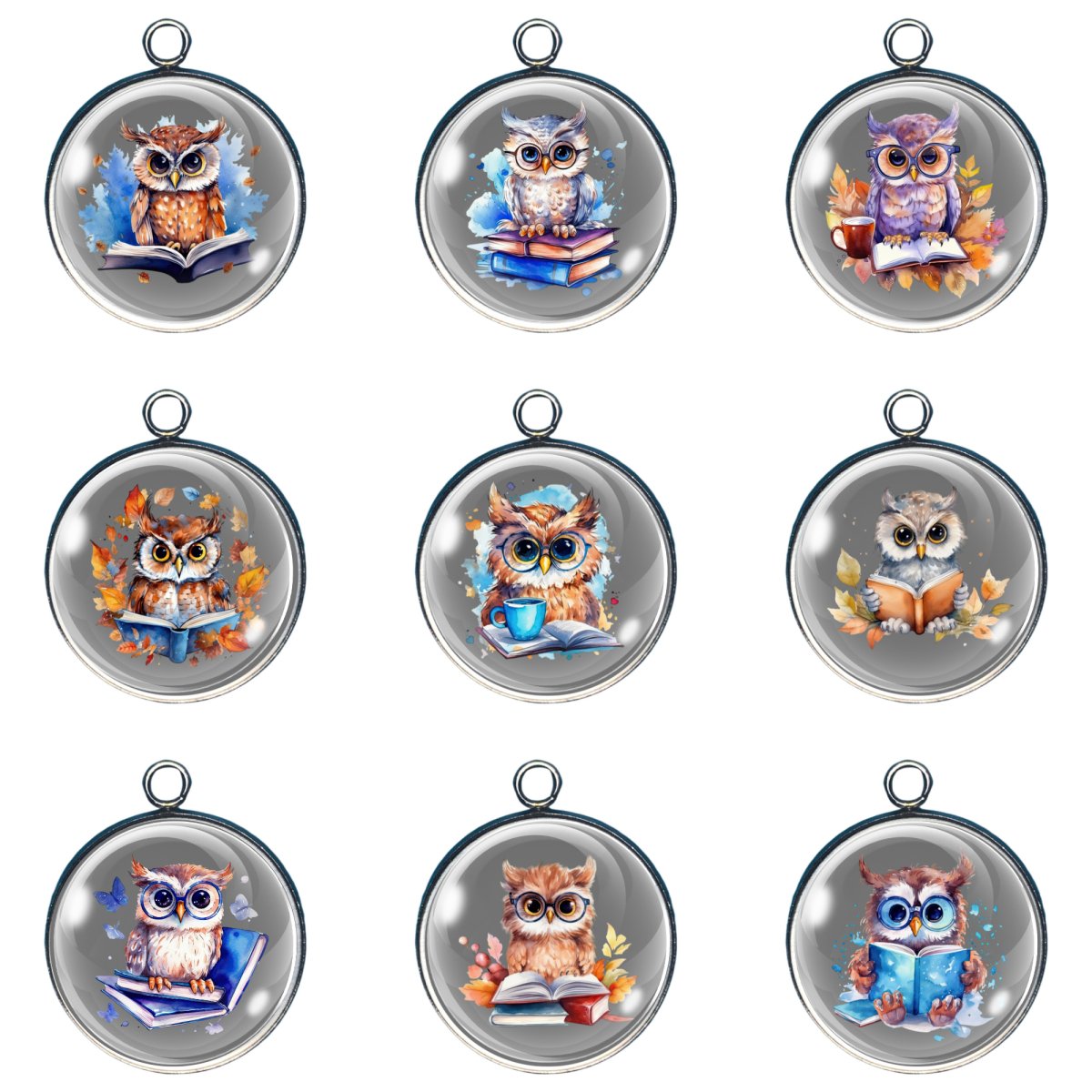 Set of 9 charms depicting owls reading books