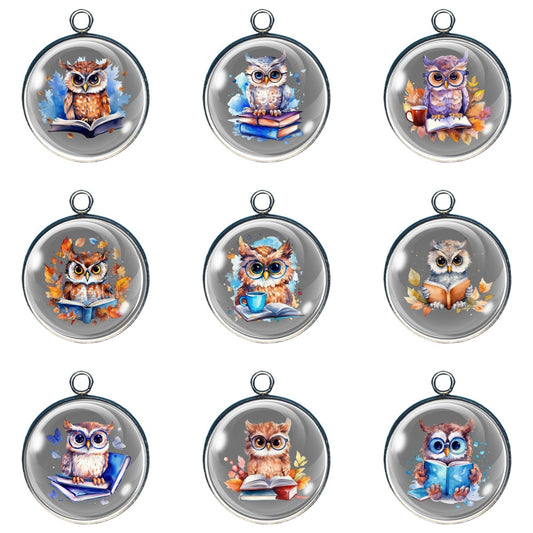Set of 9 charms depicting owls reading books