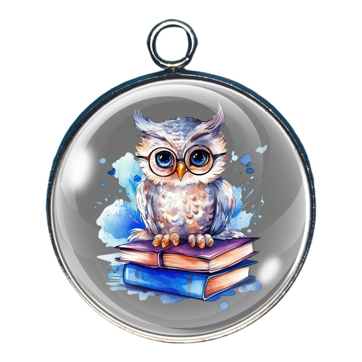 charm depicting an owl sitting on a stack of books