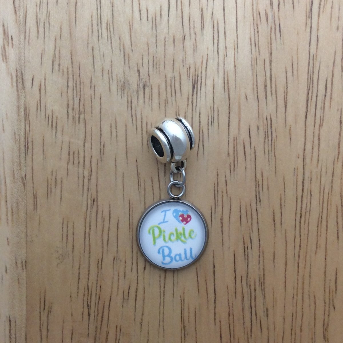 pandora style silver beads with pickleball themed glass cabochon charm