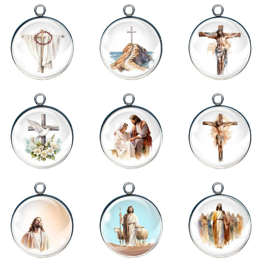 Group of 9 charms depicting Jesus on the Cross, the cross with doves, Jesus with sheep, his followers and Jesus looking up at the glory of God