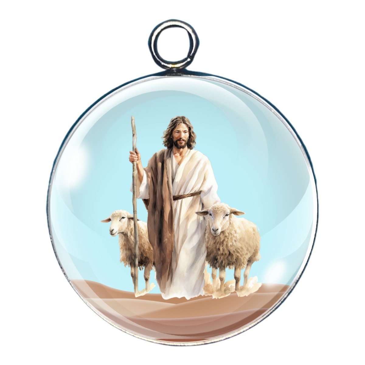 Charm depicting Jesus walking with sheep