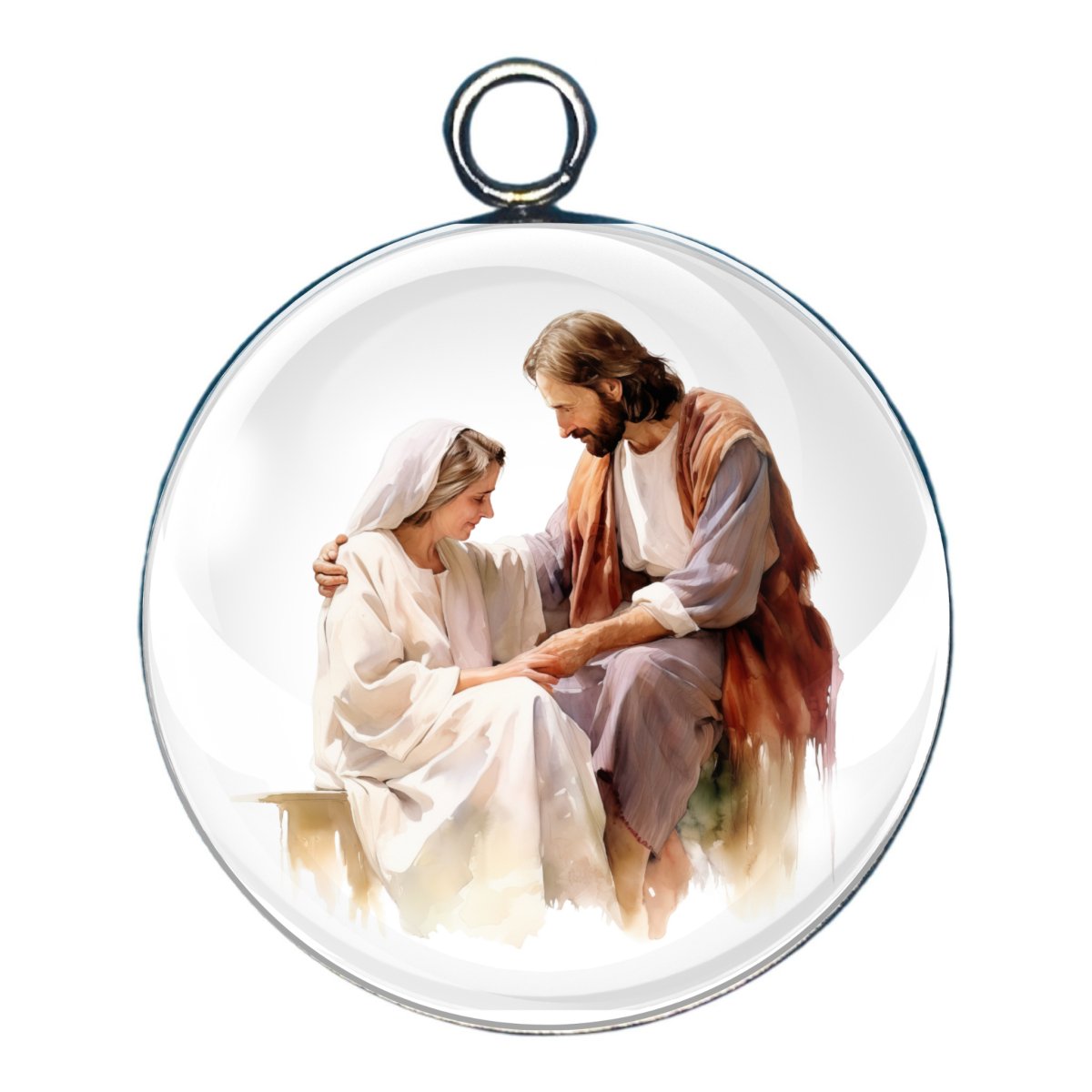 Charm depicting Jesus with a woman at the well