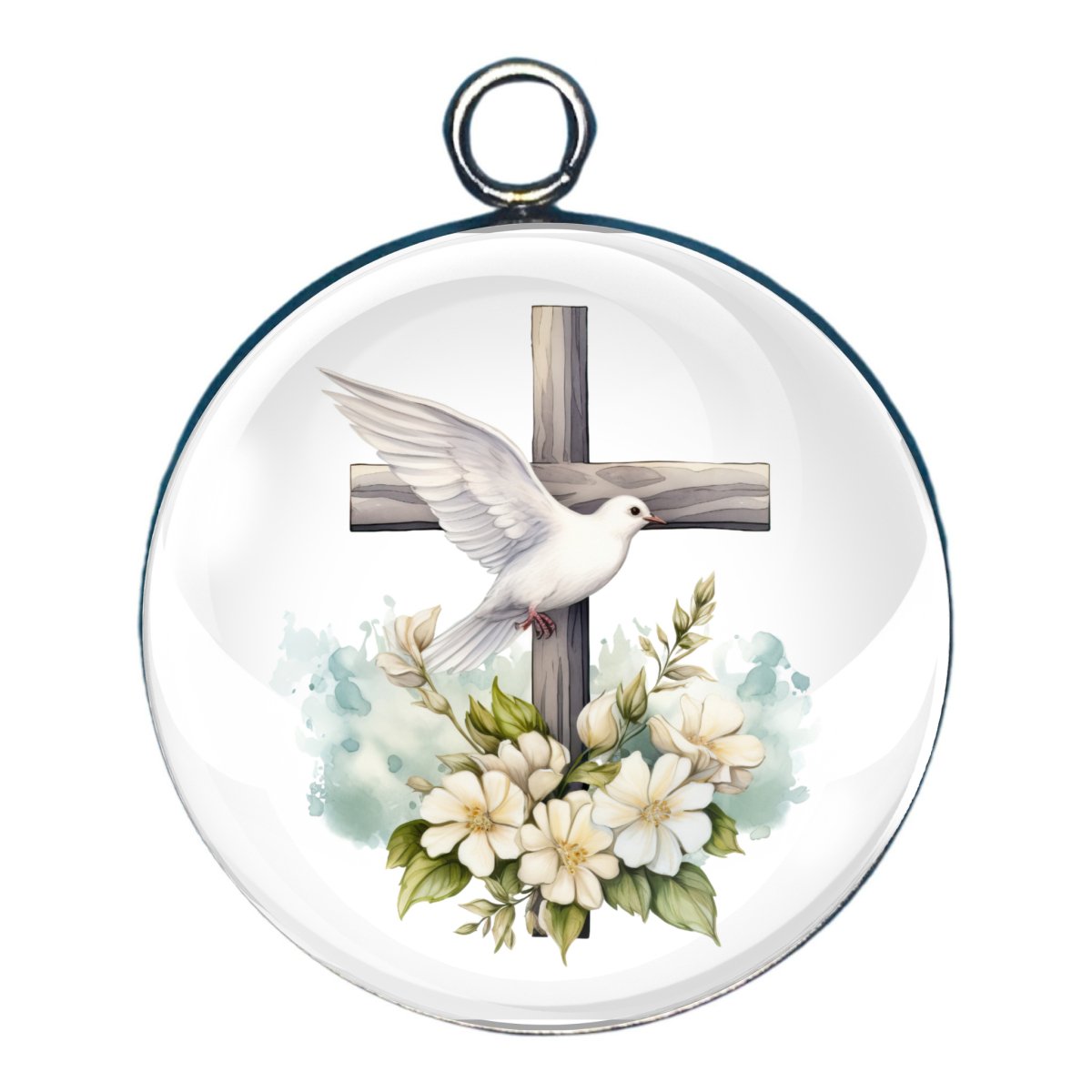 Charm depicting a cross, with a white dove and flowers