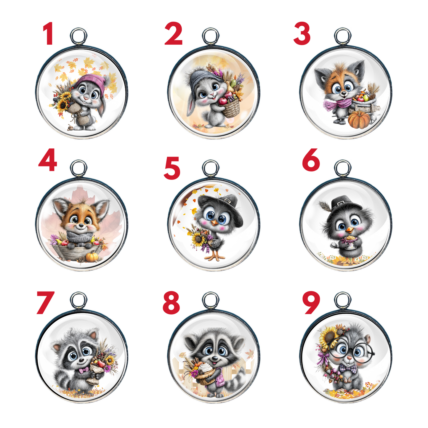 Fall Furry Friends, Autumn Woodland Animal Glass Cabochon Charms