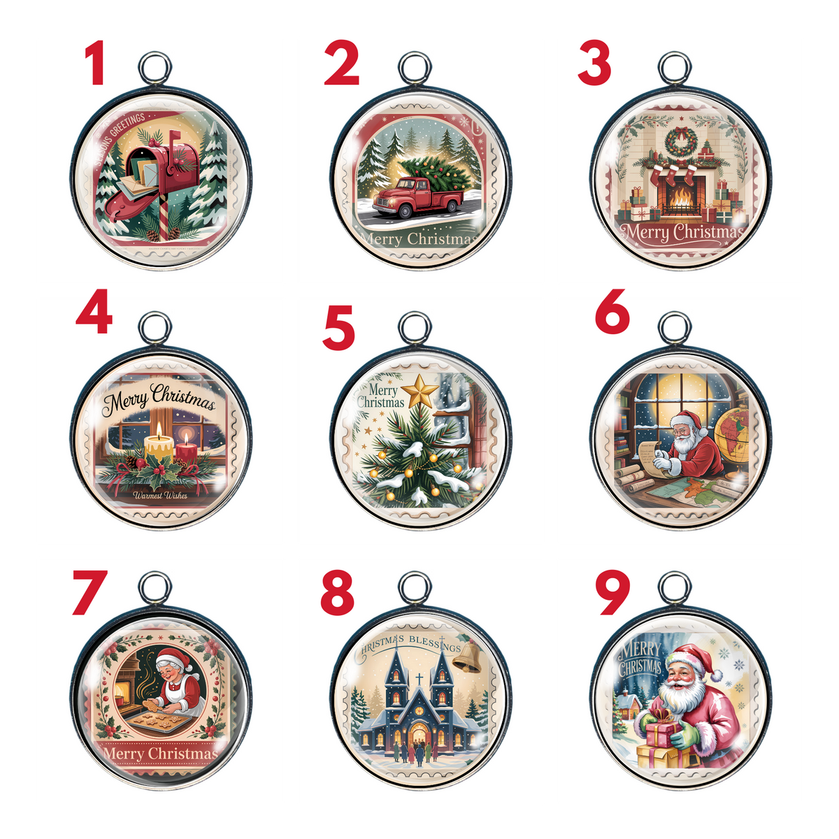 Vintage Christmas Postage Stamp Glass Cabochon Charms