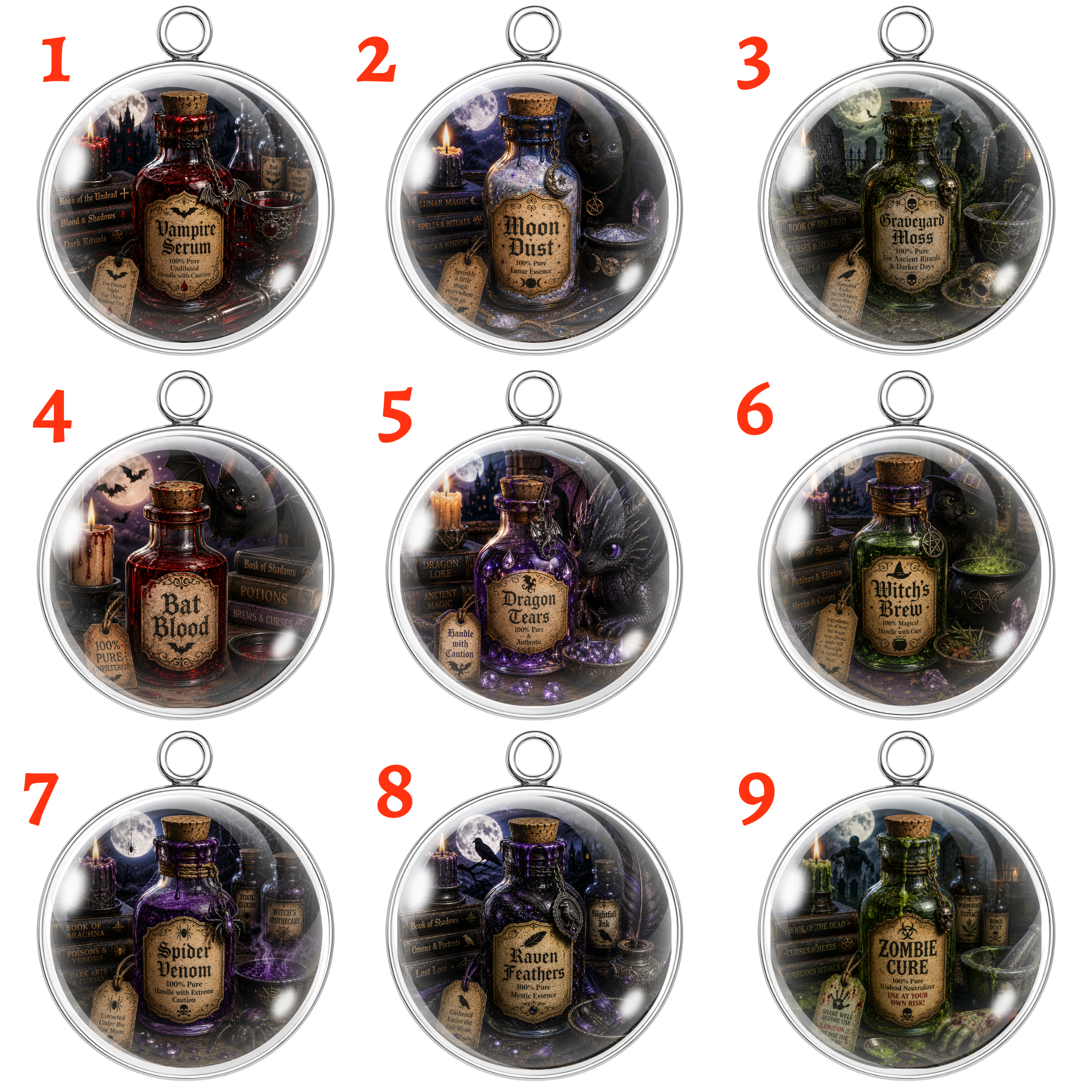 A 3x3 grid of nine circular pendant charms, each labeled with a red number from 1 to 9. Each pendant contains a miniature potion bottle surrounded by gothic-themed illustrations like books, candles, and magical symbols.
