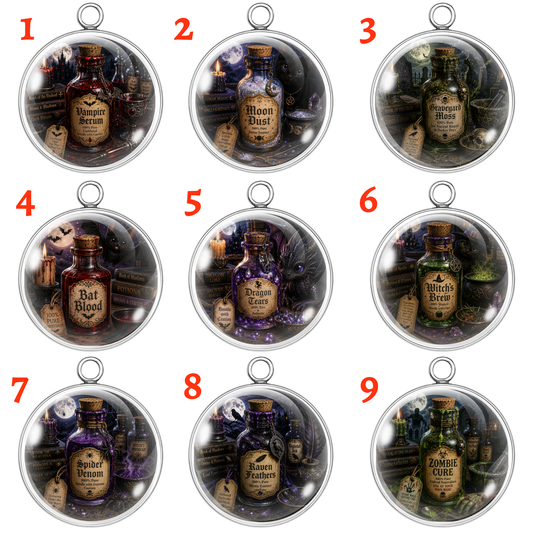 A 3x3 grid of nine circular pendant charms, each labeled with a red number from 1 to 9. Each pendant contains a miniature potion bottle surrounded by gothic-themed illustrations like books, candles, and magical symbols.