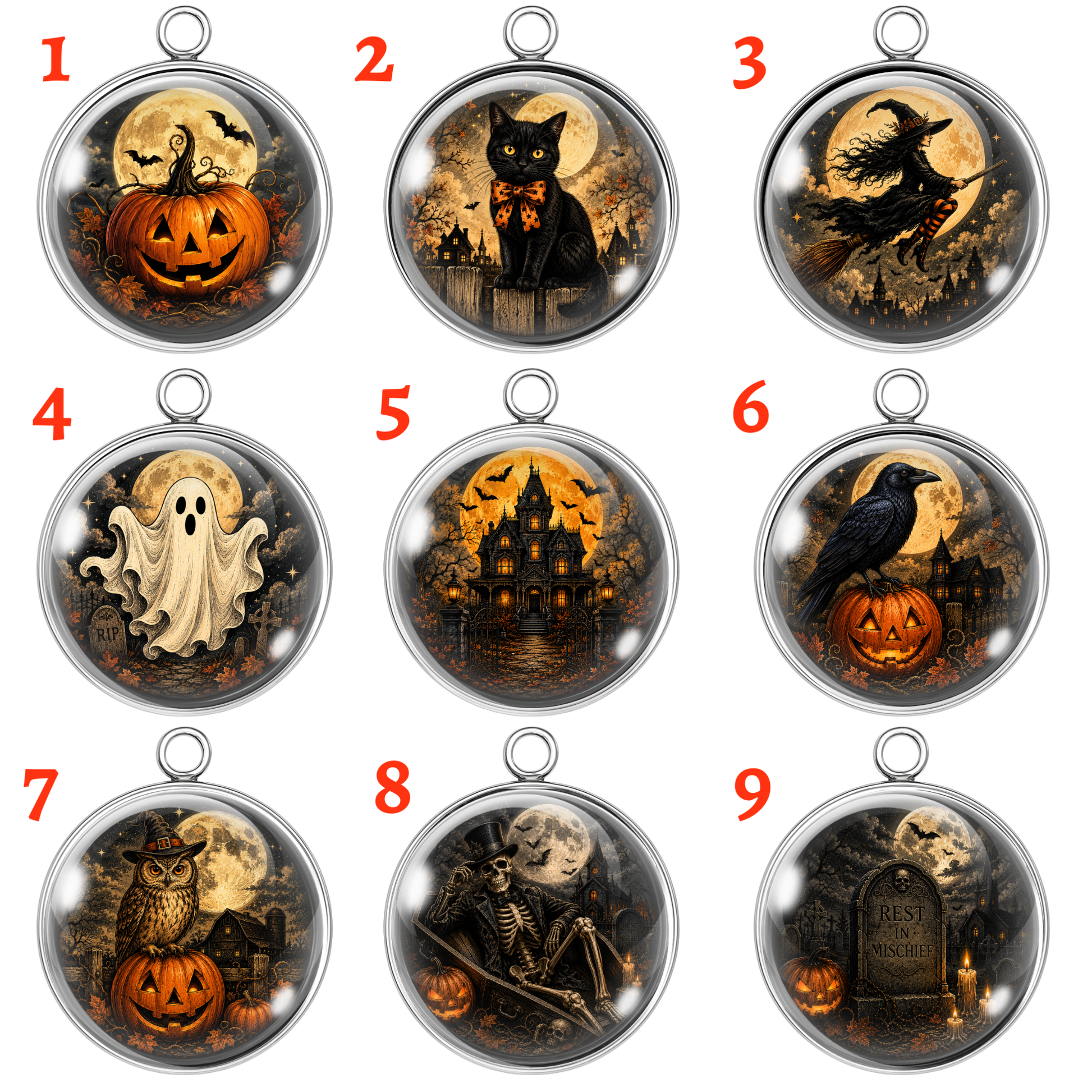 Nine Halloween-themed round pendant designs arranged in a 3x3 grid on a white background, each labeled with a red number from 1 to 9. The pendants feature spooky illustrations including pumpkins, a black cat, a witch, ghosts, a haunted house, crows, an owl, a skeleton, and a tombstone.