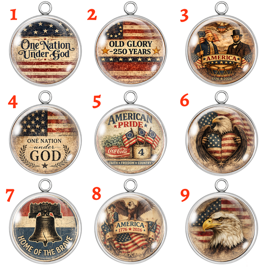 Collection of American-themed pendants with various designs on a white background