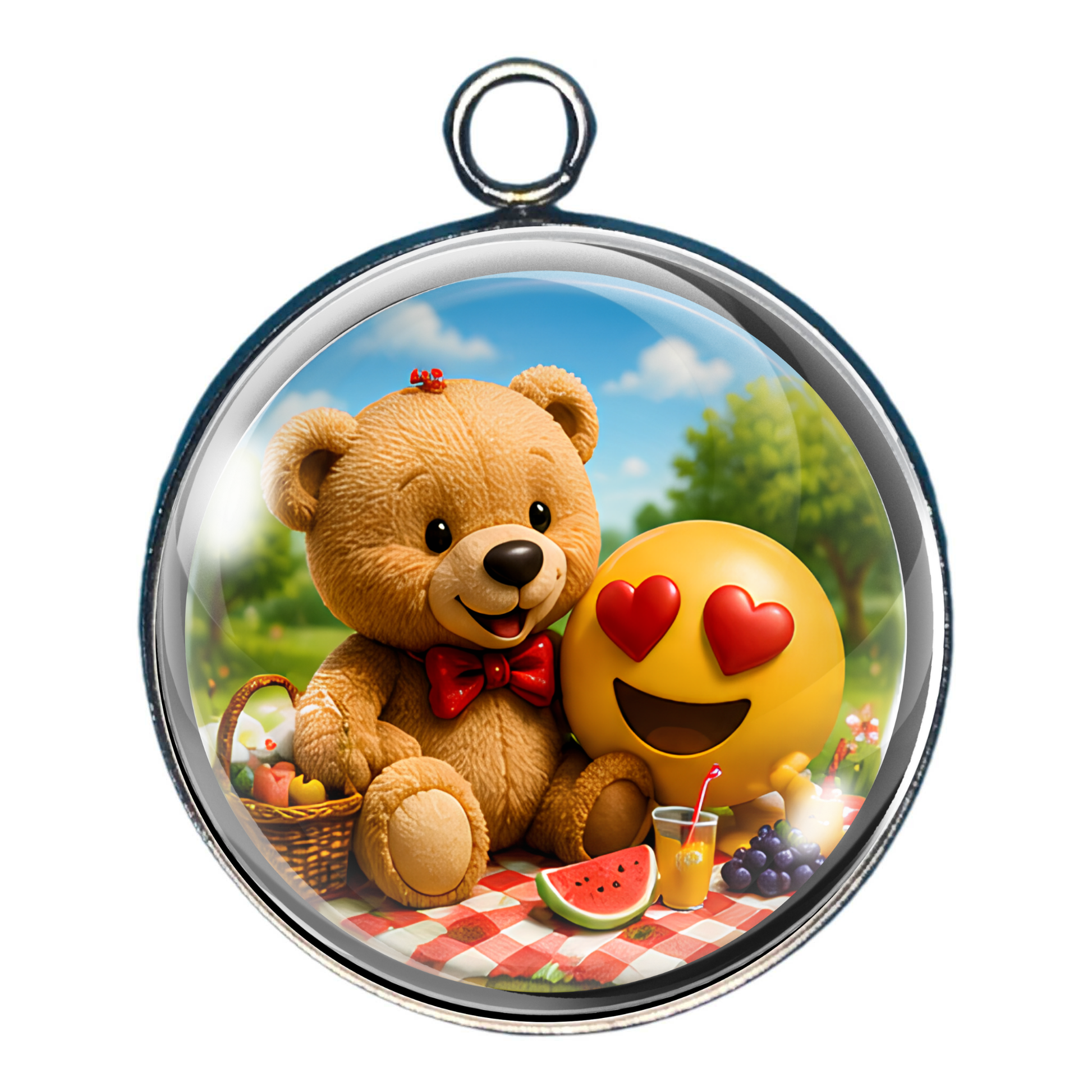 Teddy bear relaxing with a heart-eyes emoji, fruit, and picnic treats.