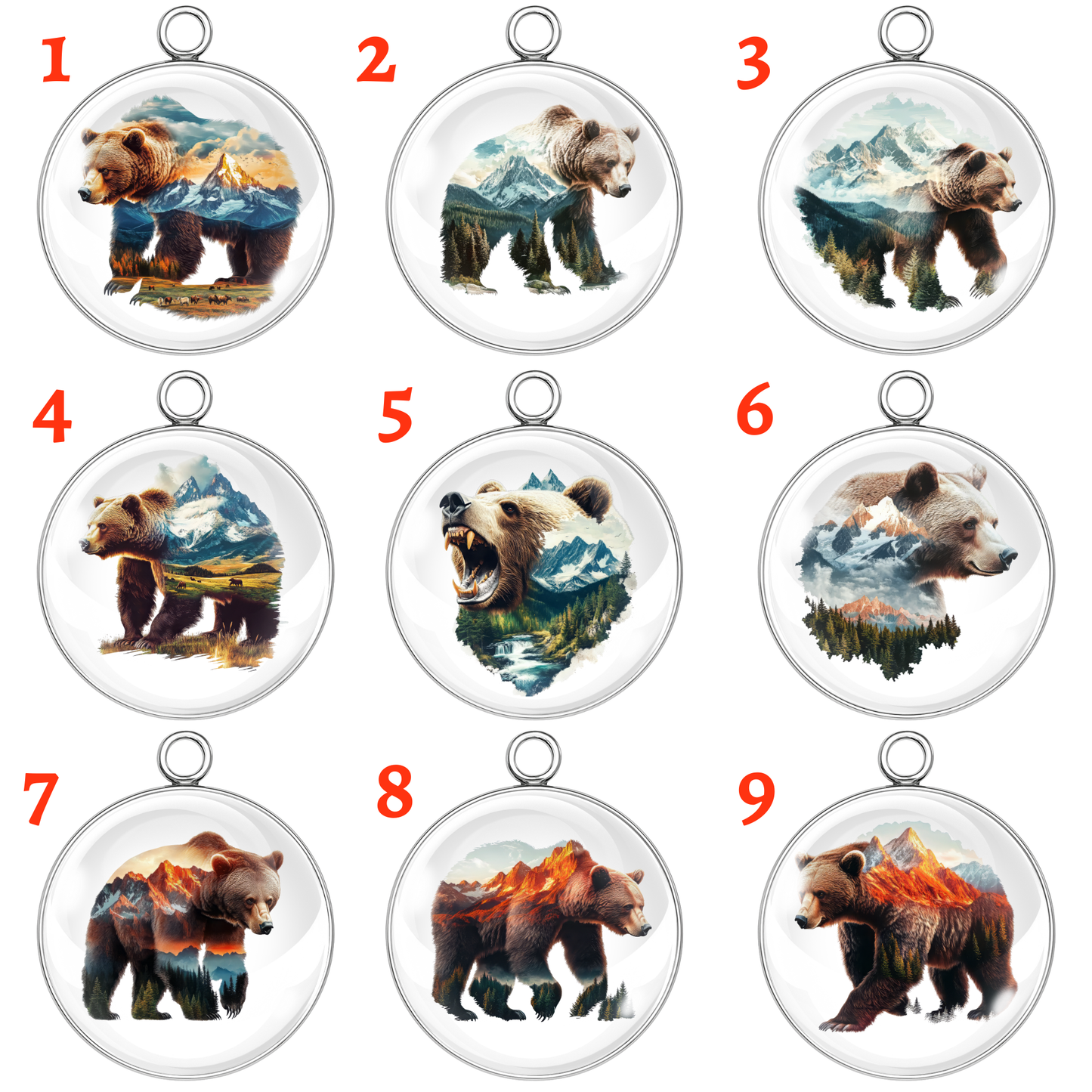 Nine circular bear pendants with mountain and nature-themed designs on a white background.