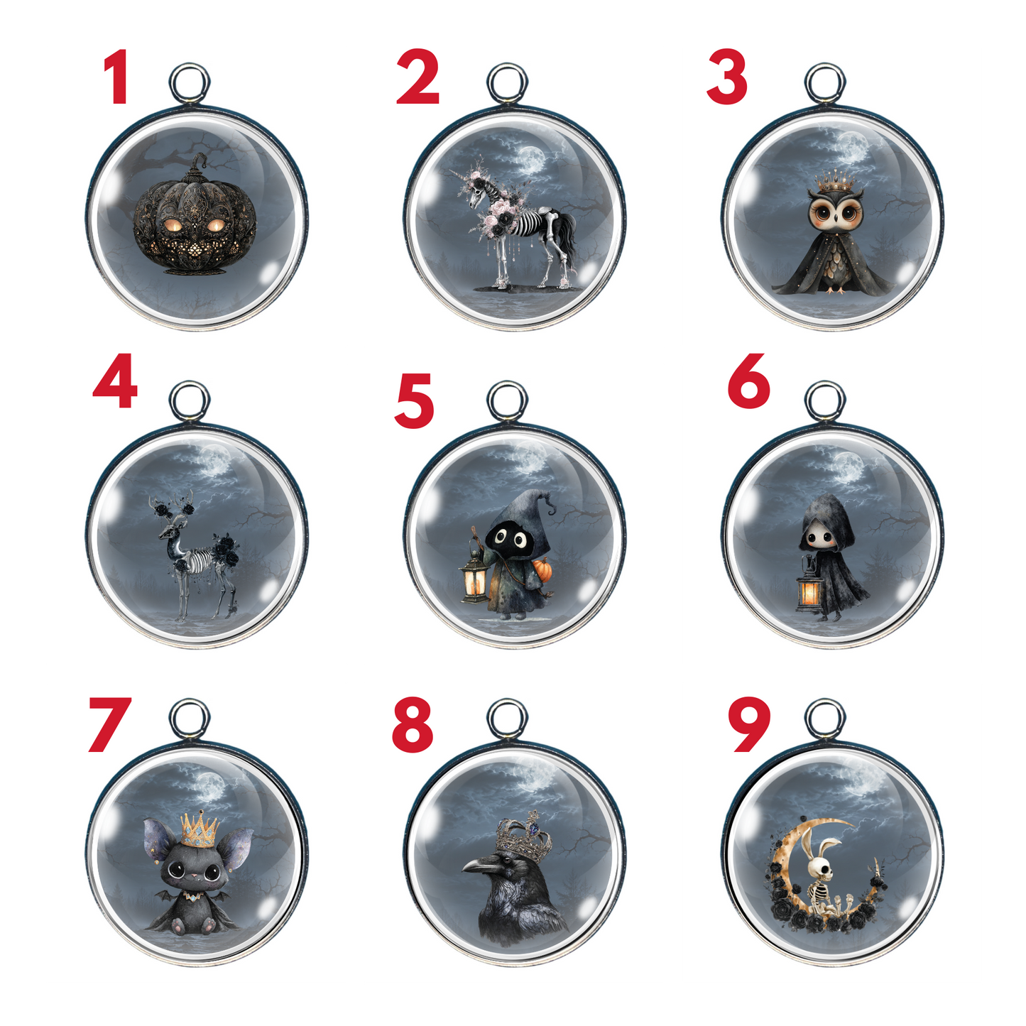 Haunted Forest Spooky Halloween glass cabochon charm collection featuring ghosts, ravens, owls, pumpkins, skeletons, bats, and moonlit woodland scenes.