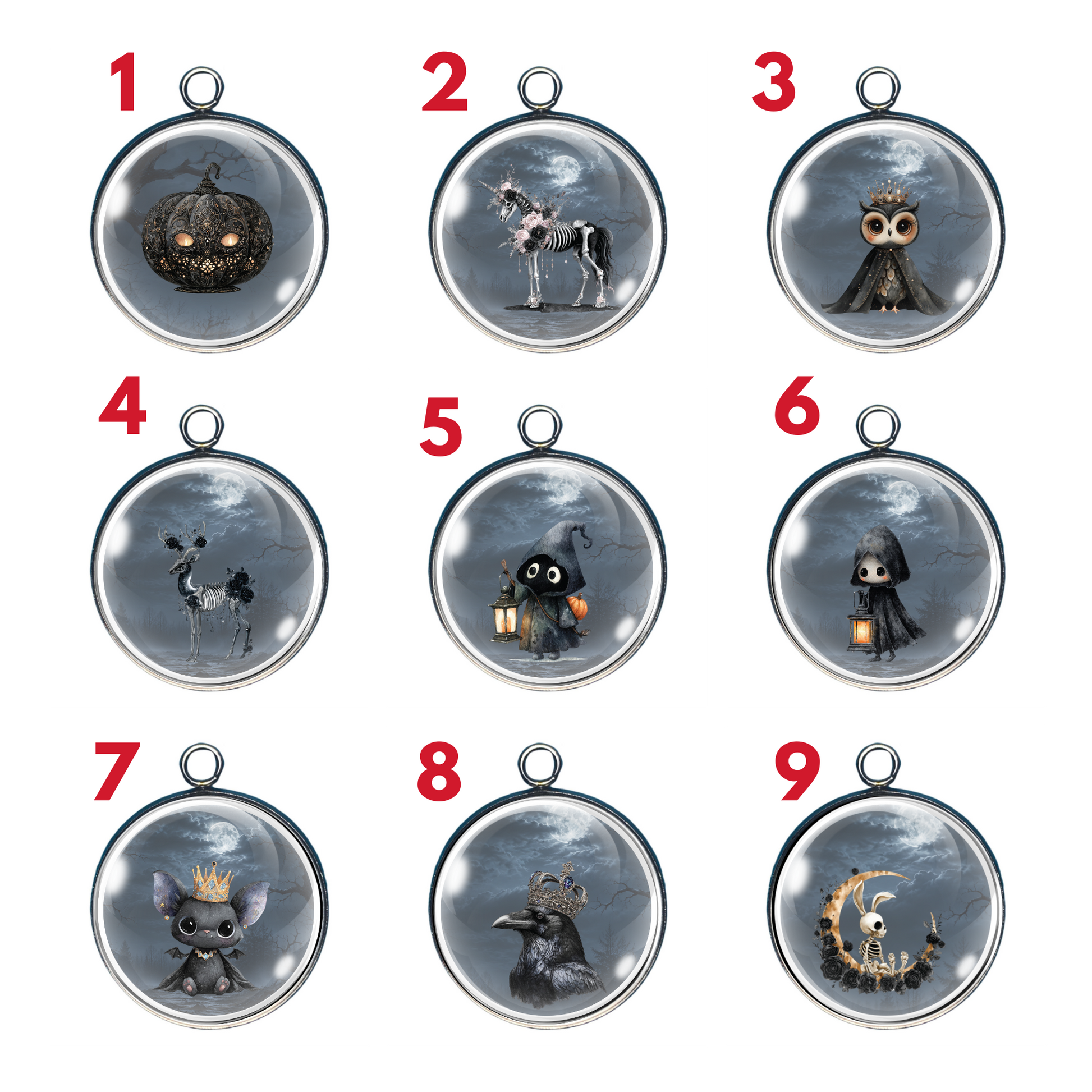 Haunted Forest Spooky Halloween glass cabochon charm collection featuring ghosts, ravens, owls, pumpkins, skeletons, bats, and moonlit woodland scenes.