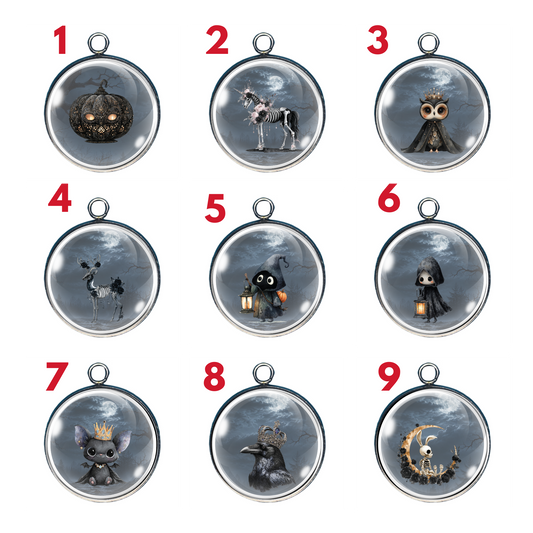 Haunted Forest Spooky Halloween glass cabochon charm collection featuring ghosts, ravens, owls, pumpkins, skeletons, bats, and moonlit woodland scenes.