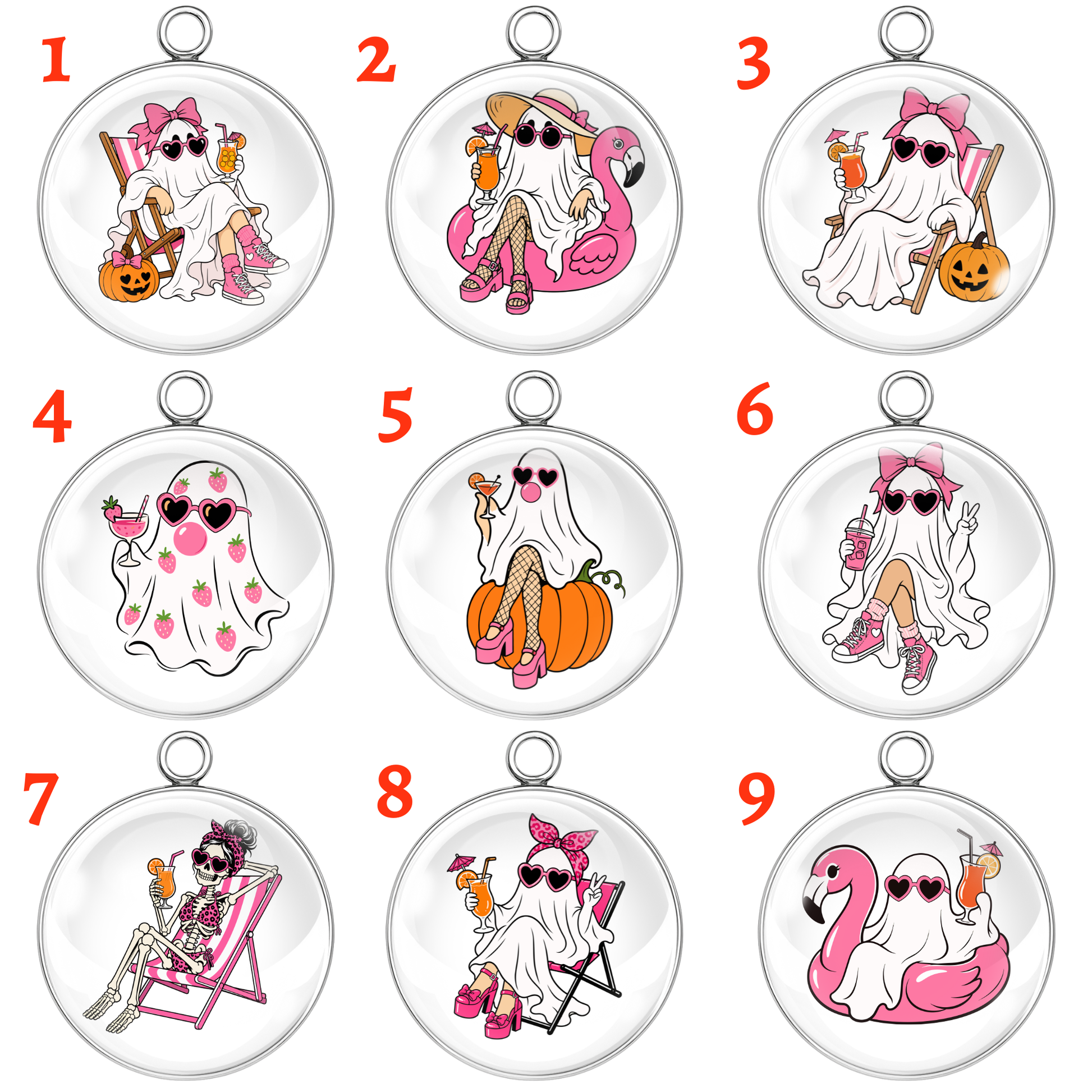 Nine circular pendant designs arranged in a 3x3 grid on a white background, each with a red number label at the top left. The pendants feature cartoon ghost characters in Halloween-themed outfits, including flamingos, pumpkins, chairs, drinks, and bows.
