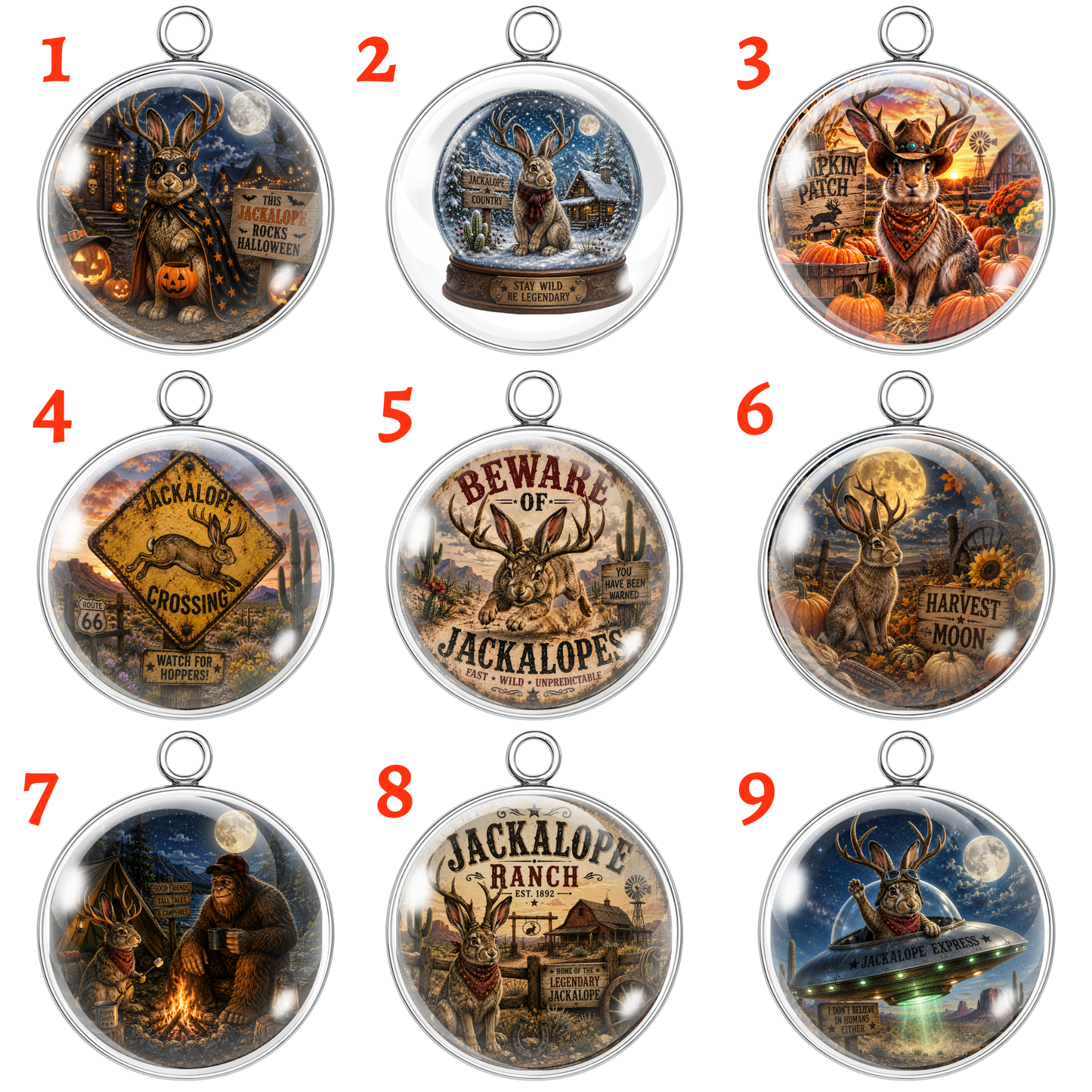 Nine numbered oval pendant charms featuring Jackalope-themed illustrated scenes, arranged in a 3x3 grid on a white background. Each charm has a silver-toned border and a small hanging loop at the top.