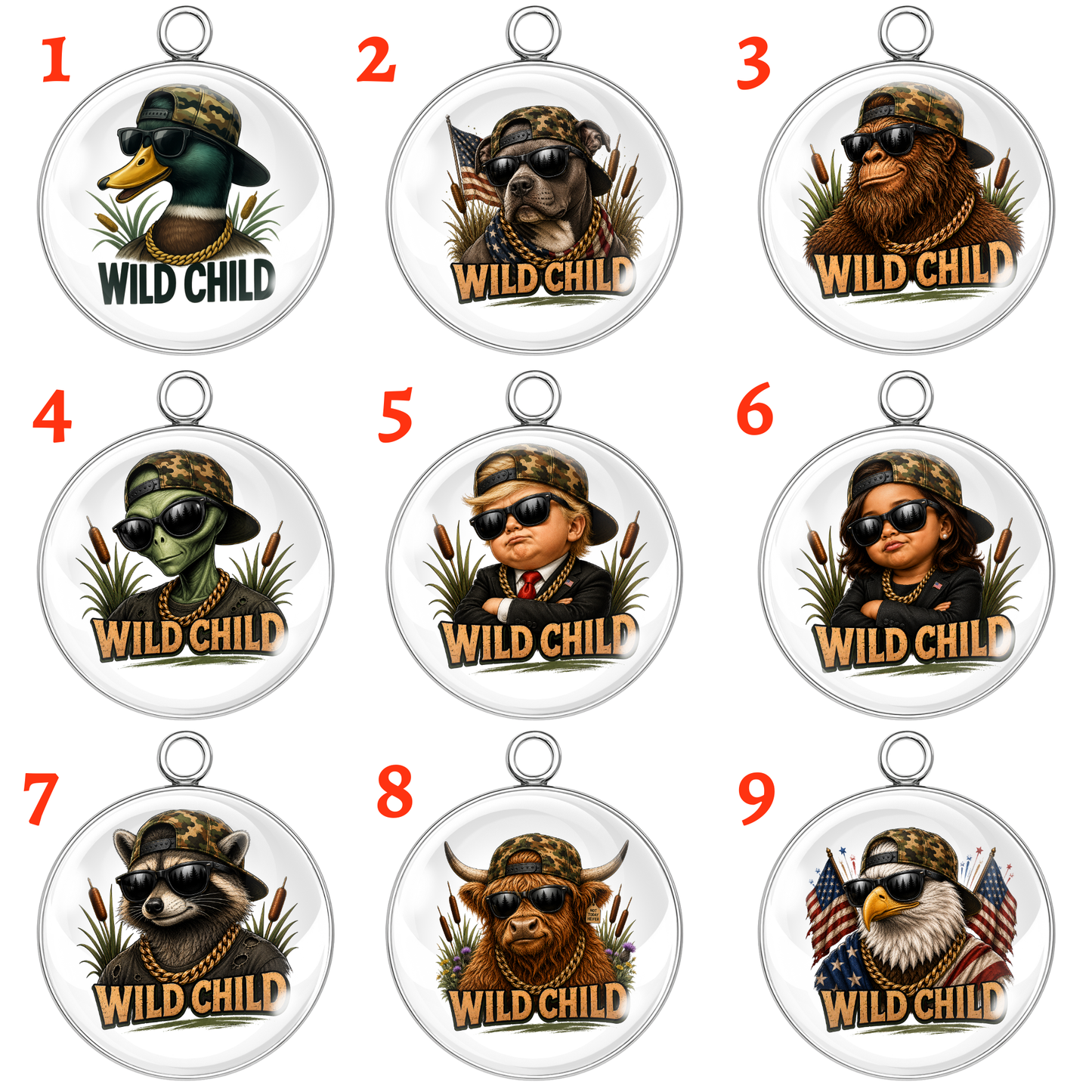 Wild Child Glass Cabochon Charms – Funny Bigfoot, Alien, Eagle, Raccoon, Pit Bull, Highland Cow & Duck Designs