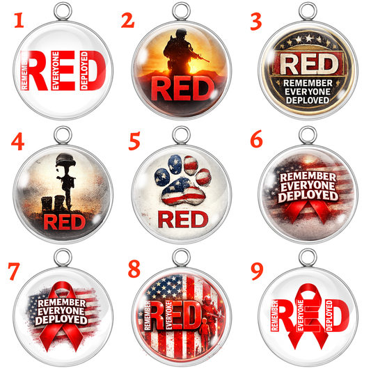 RED Remember Everyone Deployed Glass Cabochon Charm Patriotic Military Pendants