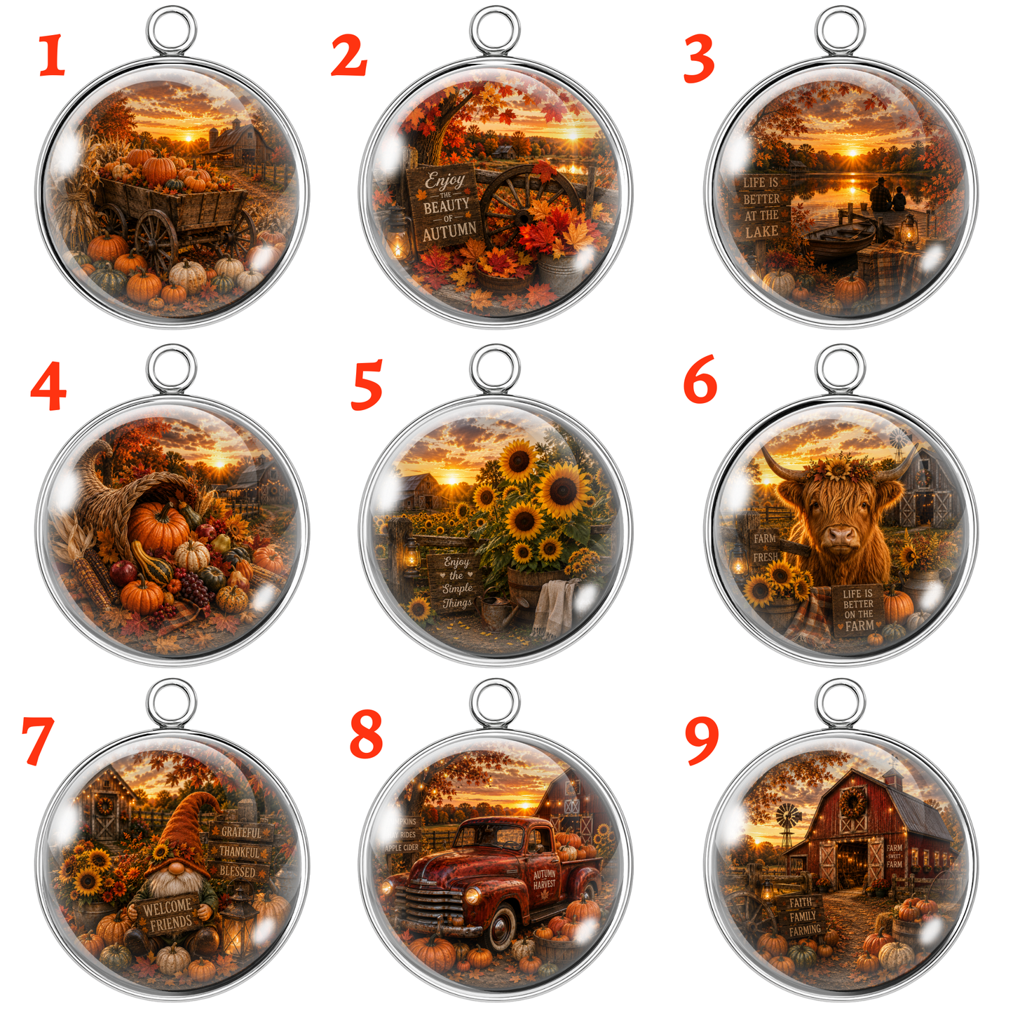 Nine circular autumn-themed glass cabochon charms or pendants arranged in a 3x3 grid on a white background, each with a red number 1 through 9. The designs depict fall harvest scenes including pumpkins, corn, sunflowers, a horse, a vintage truck, and a barn, all enclosed in clear domed cases with silver metal rims and hanging loops.