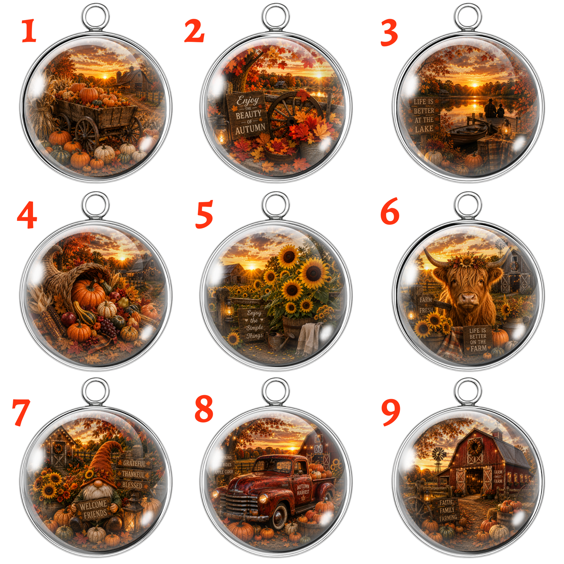 Nine circular autumn-themed glass cabochon charms or pendants arranged in a 3x3 grid on a white background, each with a red number 1 through 9. The designs depict fall harvest scenes including pumpkins, corn, sunflowers, a horse, a vintage truck, and a barn, all enclosed in clear domed cases with silver metal rims and hanging loops.