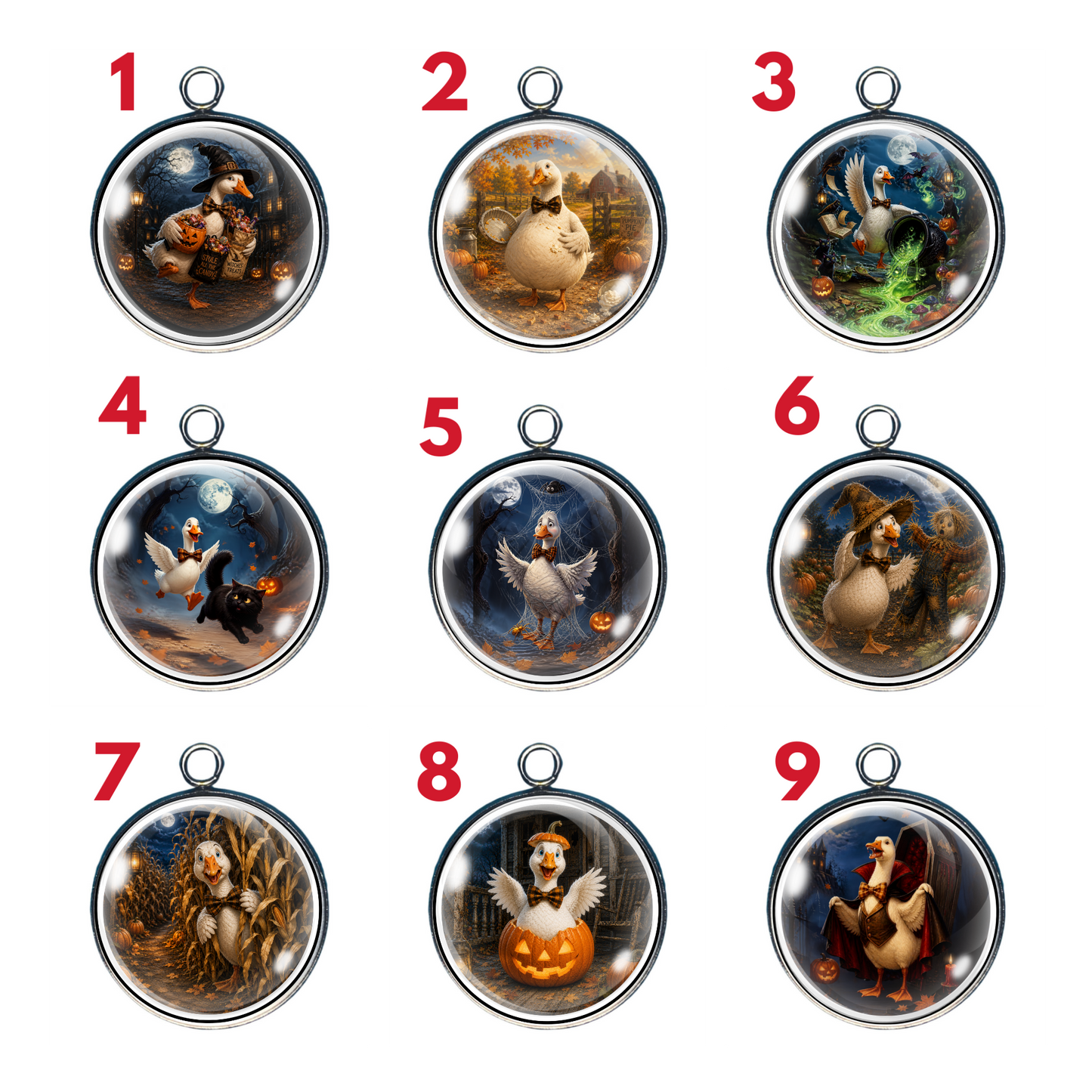 Goose Shenanigans Halloween glass cabochon charm collection featuring nine mischievous goose adventures with pumpkins, witches, scarecrows, and spooky autumn scenes.