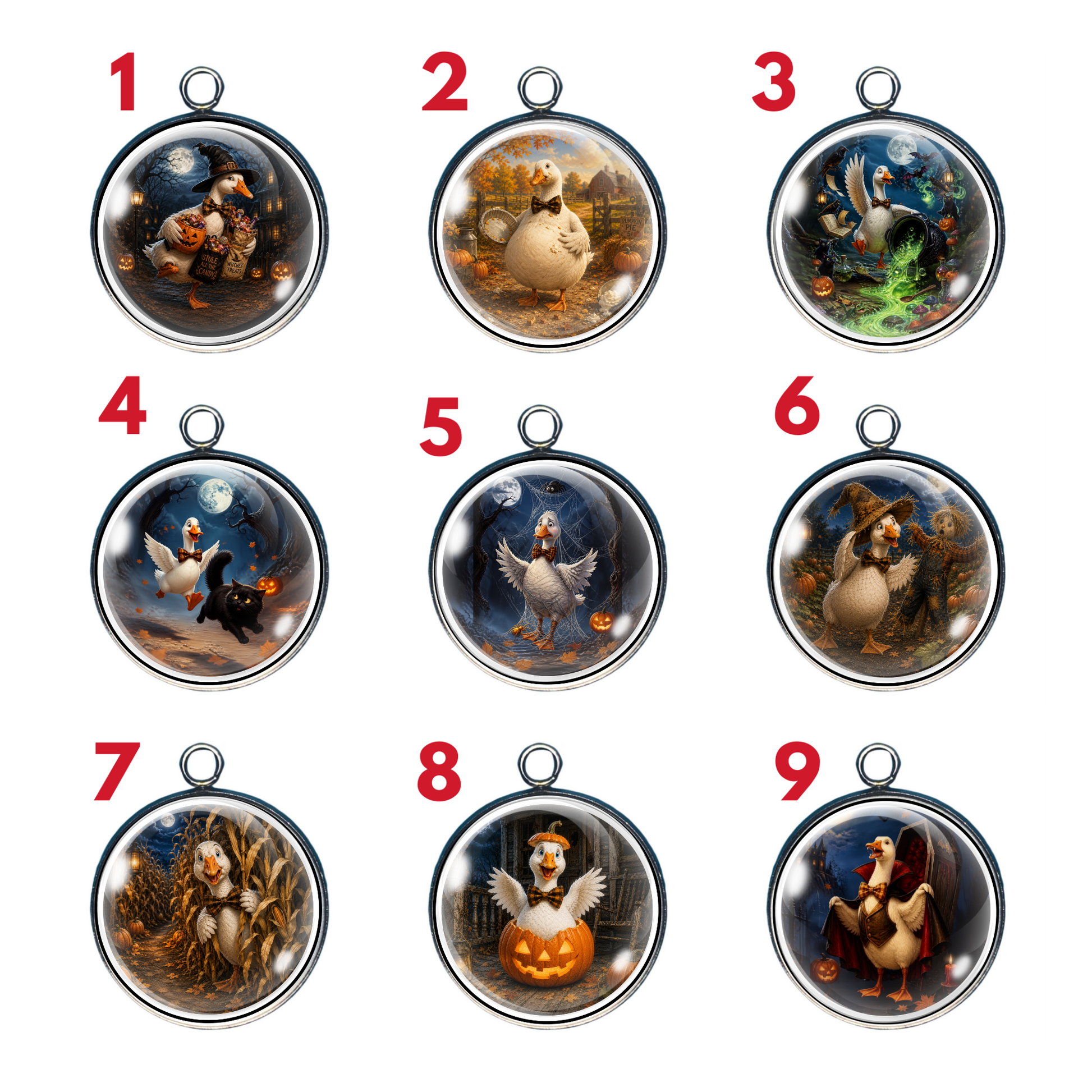 Goose Shenanigans Halloween glass cabochon charm collection featuring nine mischievous goose adventures with pumpkins, witches, scarecrows, and spooky autumn scenes.