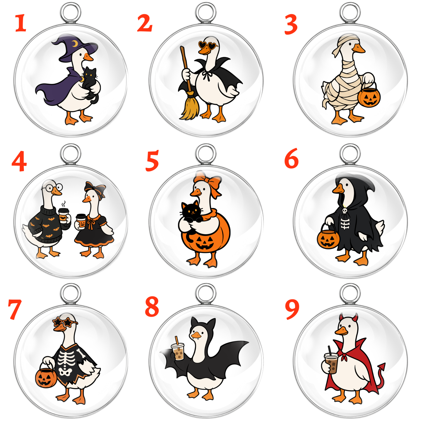 Cute Halloween Goose Glass Cabochon Charms – Witch, Ghost, Mummy, Vampire, Bat & Trick or Treat Images for Jewelry Making