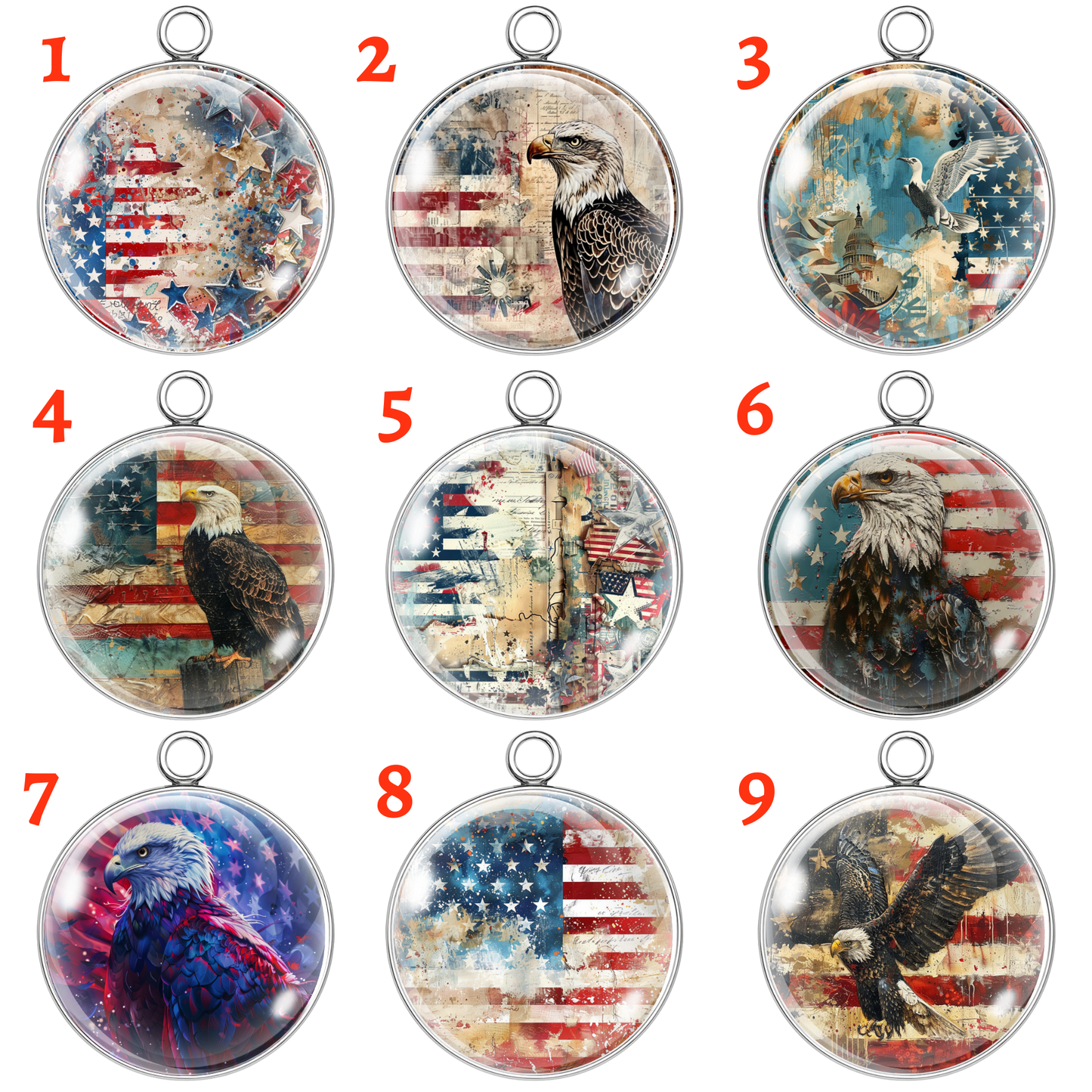 Nine circular pendants featuring American flags and bald eagles on a white background.