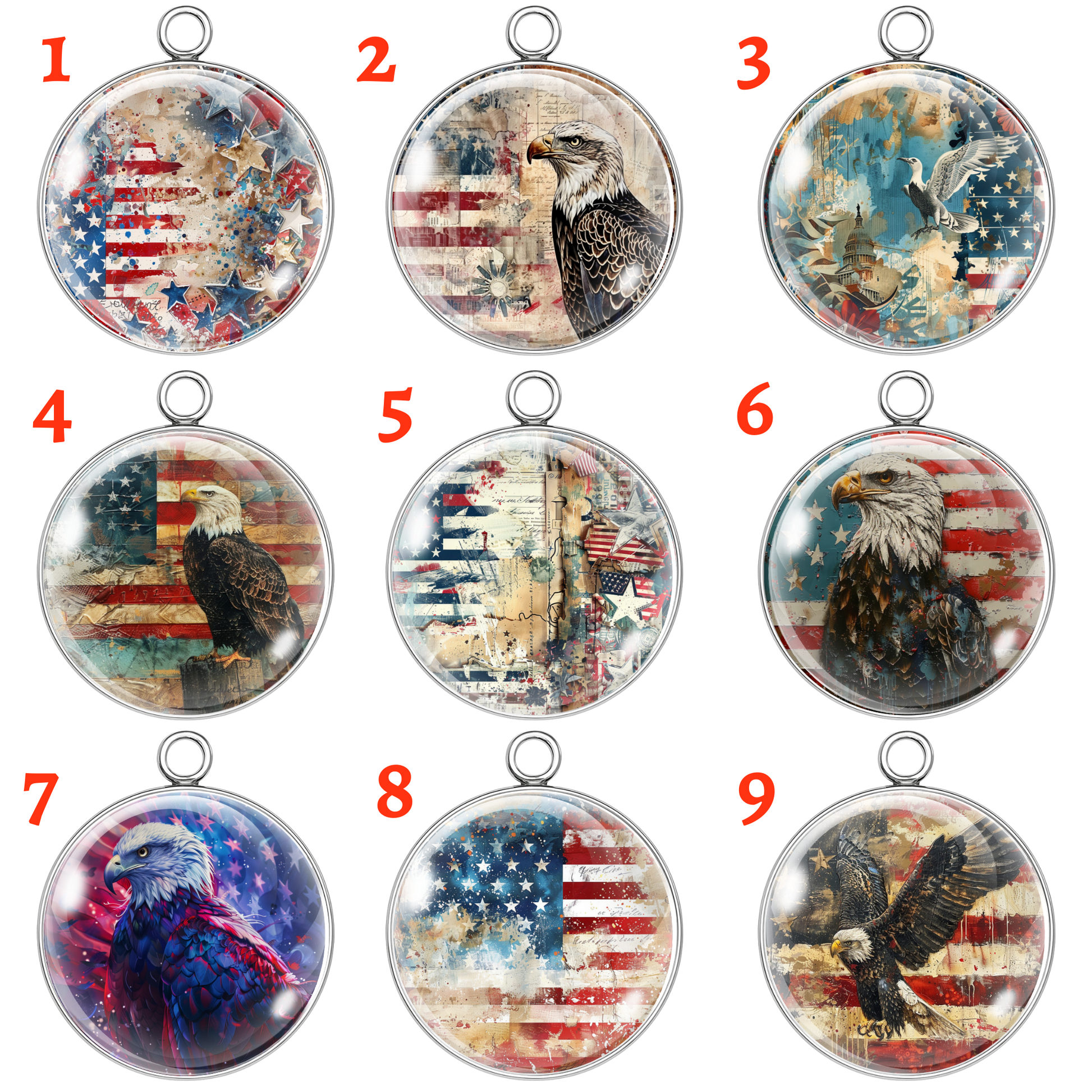 Nine circular pendants featuring American flags and bald eagles on a white background.