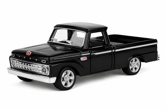 A black die-cast model of a classic Ford pickup truck, shown from a three-quarter front angle on a clean white background.