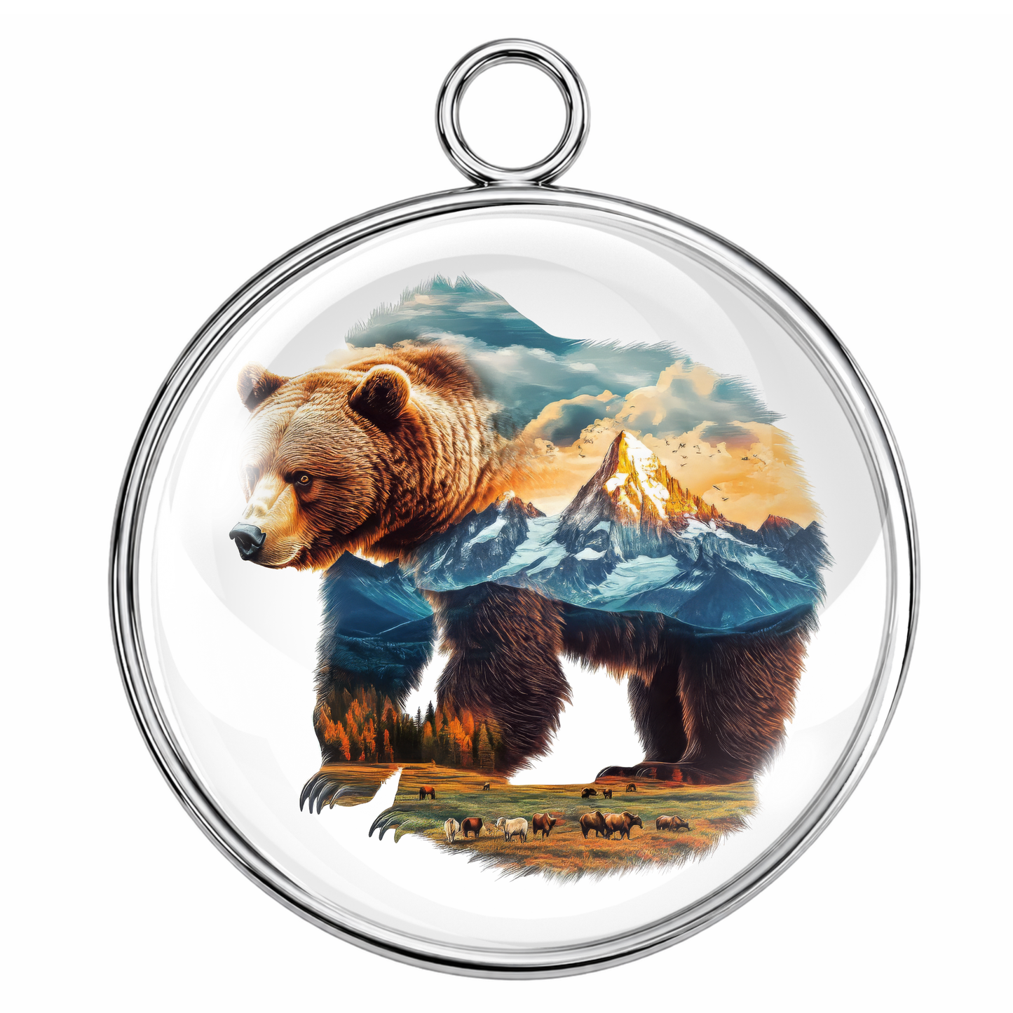 Round pendant with a bear and mountain design on a white background