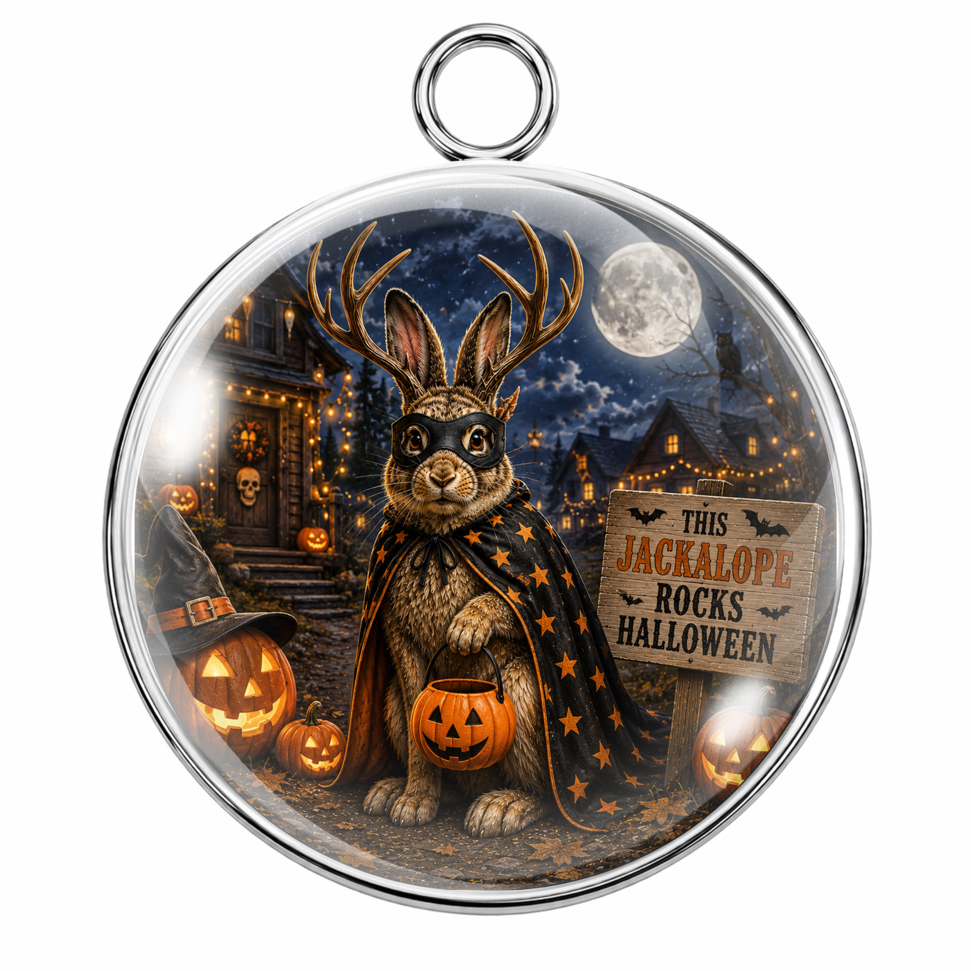 Round silver-toned pendant with a clear domed insert featuring a whimsical Halloween scene of a jackalope rabbit in a starry cape holding a pumpkin, with jack-o'-lanterns, a full moon, and a sign reading 'THIS JACKALOPE ROCKS HALLOWEEN'.