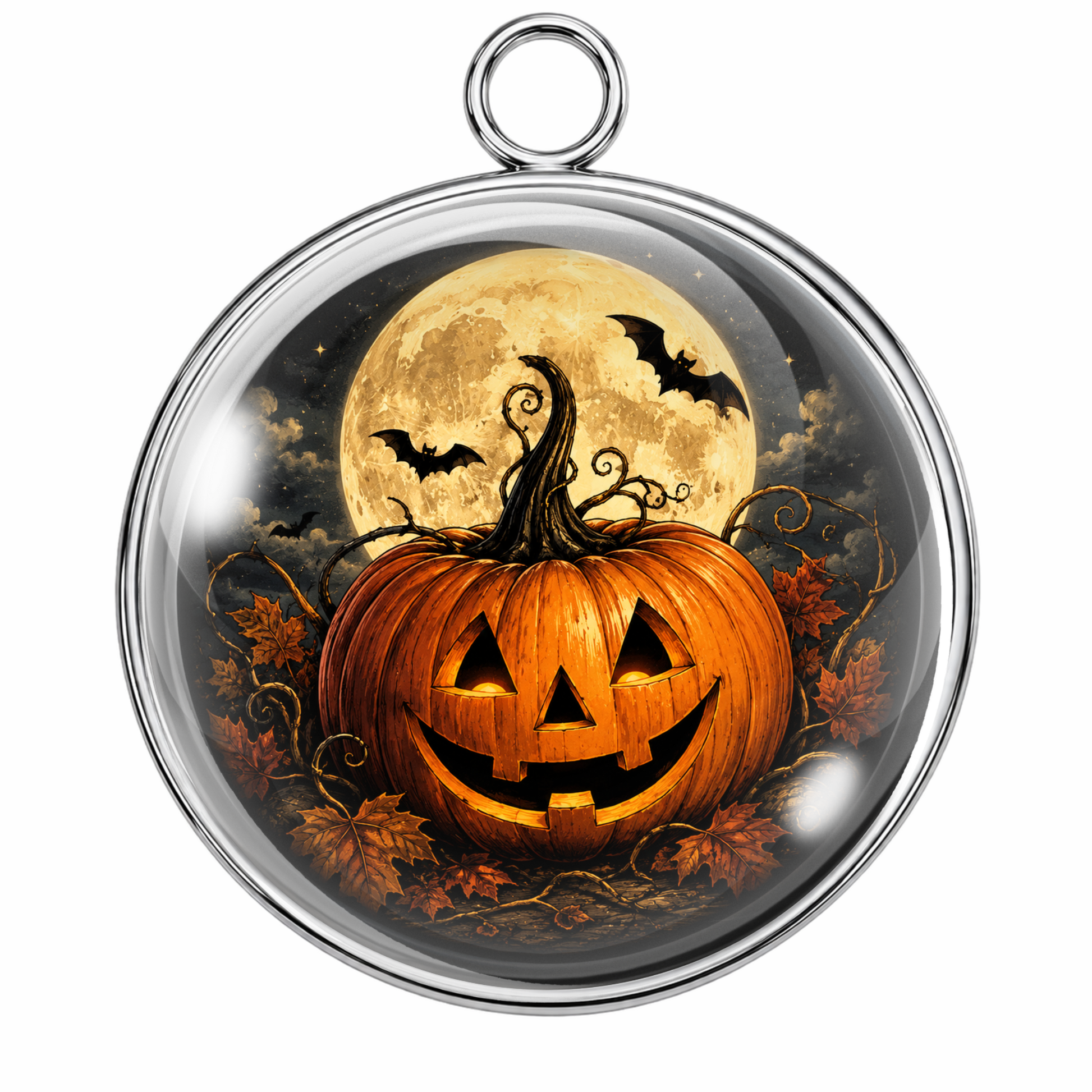 Round silver-toned pendant with a clear domed cover featuring a Halloween scene: a carved orange pumpkin in front of a full moon, with bats and dark leaves around it.