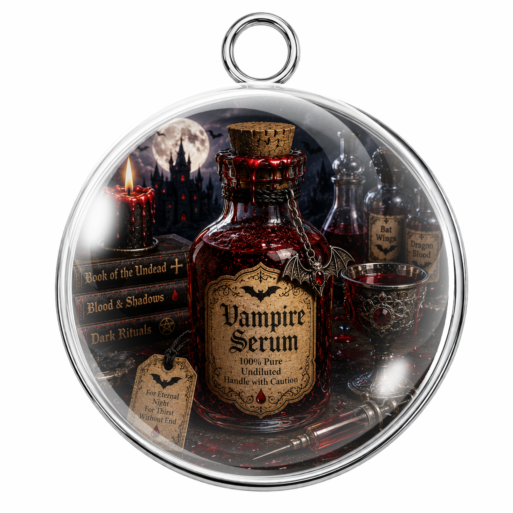 A circular glass keepsake pendant or ornament featuring a gothic 'Vampire Serum' scene with a bottle, candle, dagger, and labels, shown on a plain white background.