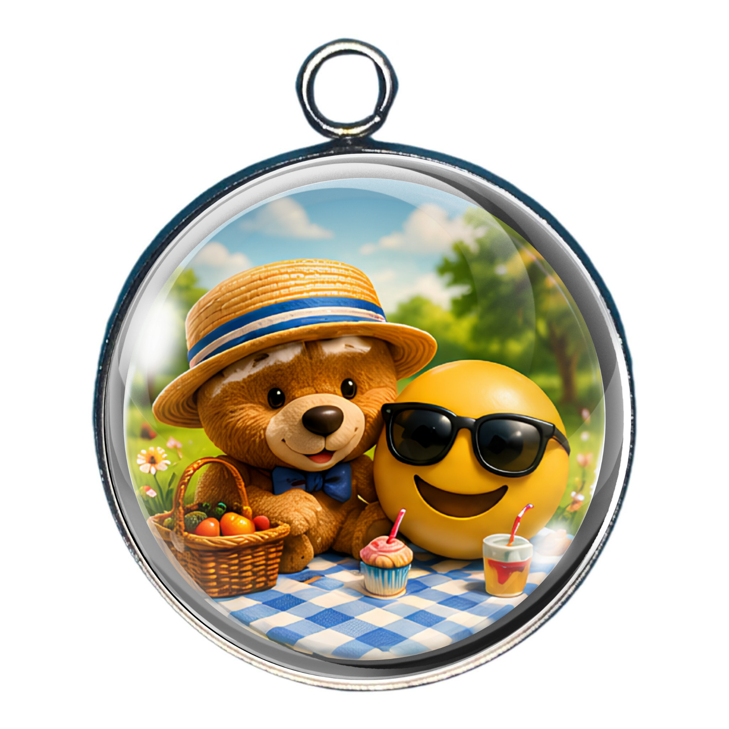 Teddy bear wearing a straw hat relaxing with a cool sunglasses emoji at a picnic.