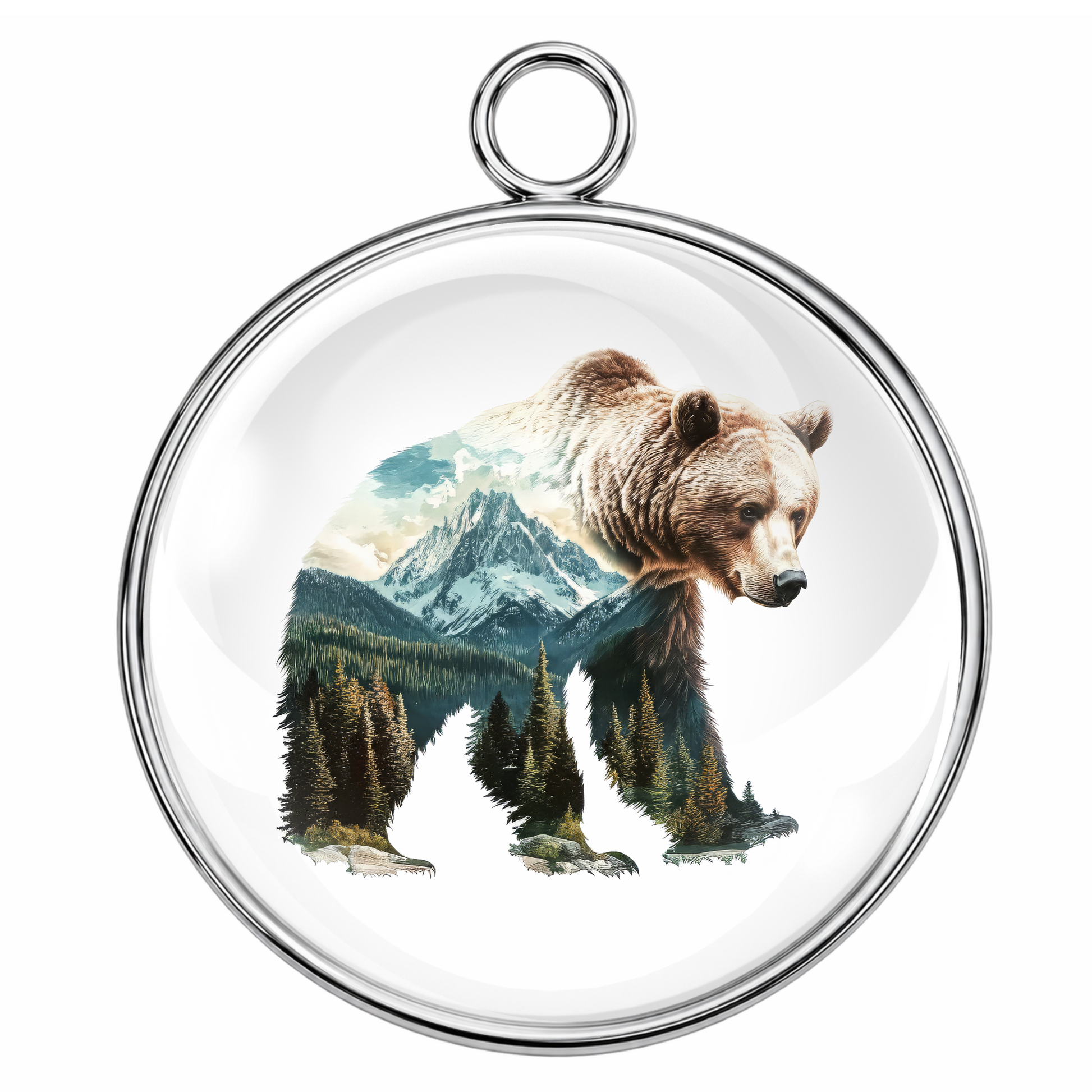 Round pendant with a bear and mountain design on a white background
