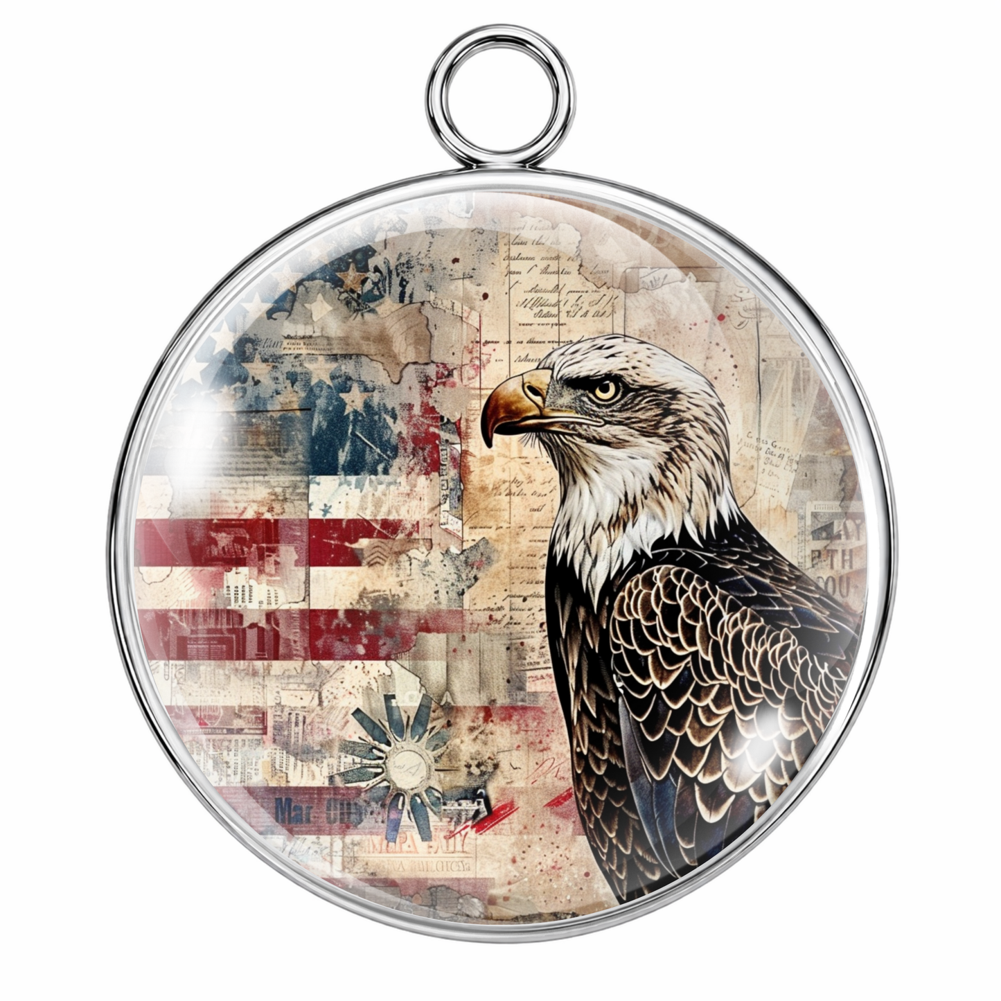 Round pendant with a bald eagle and American flag design on a white background