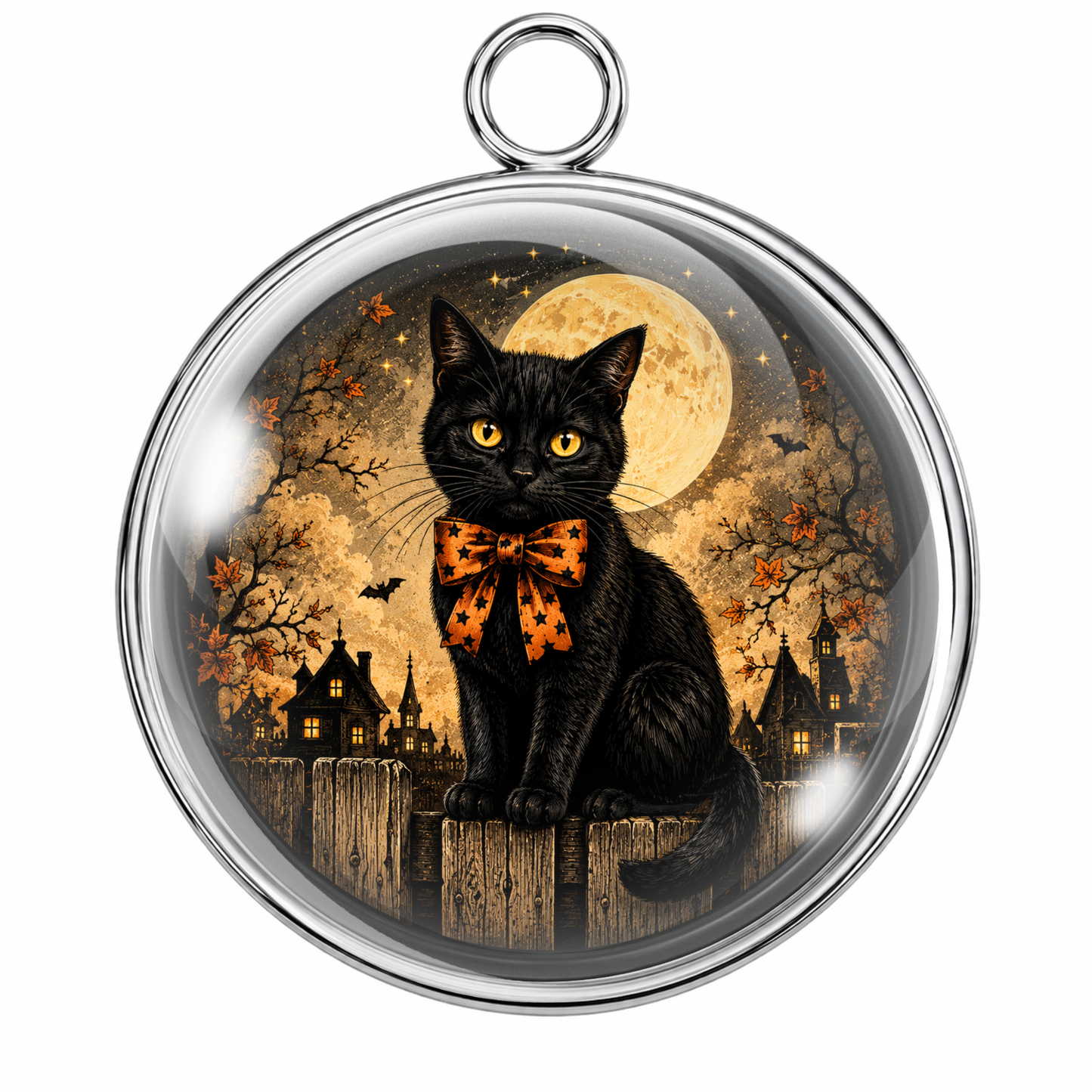 A round glass pendant with a silver metal rim and hanging loop, featuring a printed illustration of a black cat wearing an orange bow tie, set against a spooky moonlit background with houses and trees.