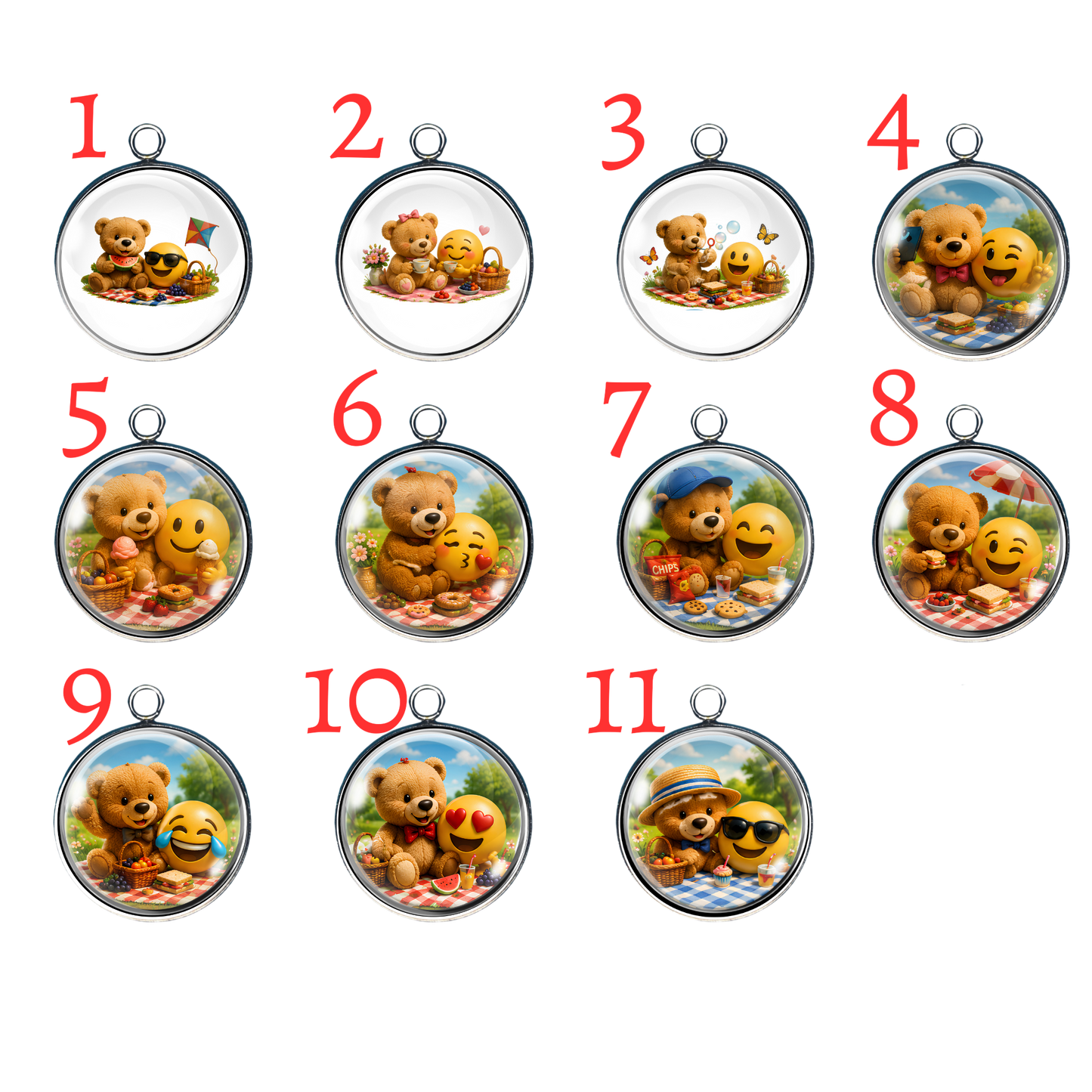 11 Teddy Bear Emoji Picnic glass cabochon charms featuring adorable teddy bears enjoying picnics with happy emoji friends in colorful outdoor scenes.