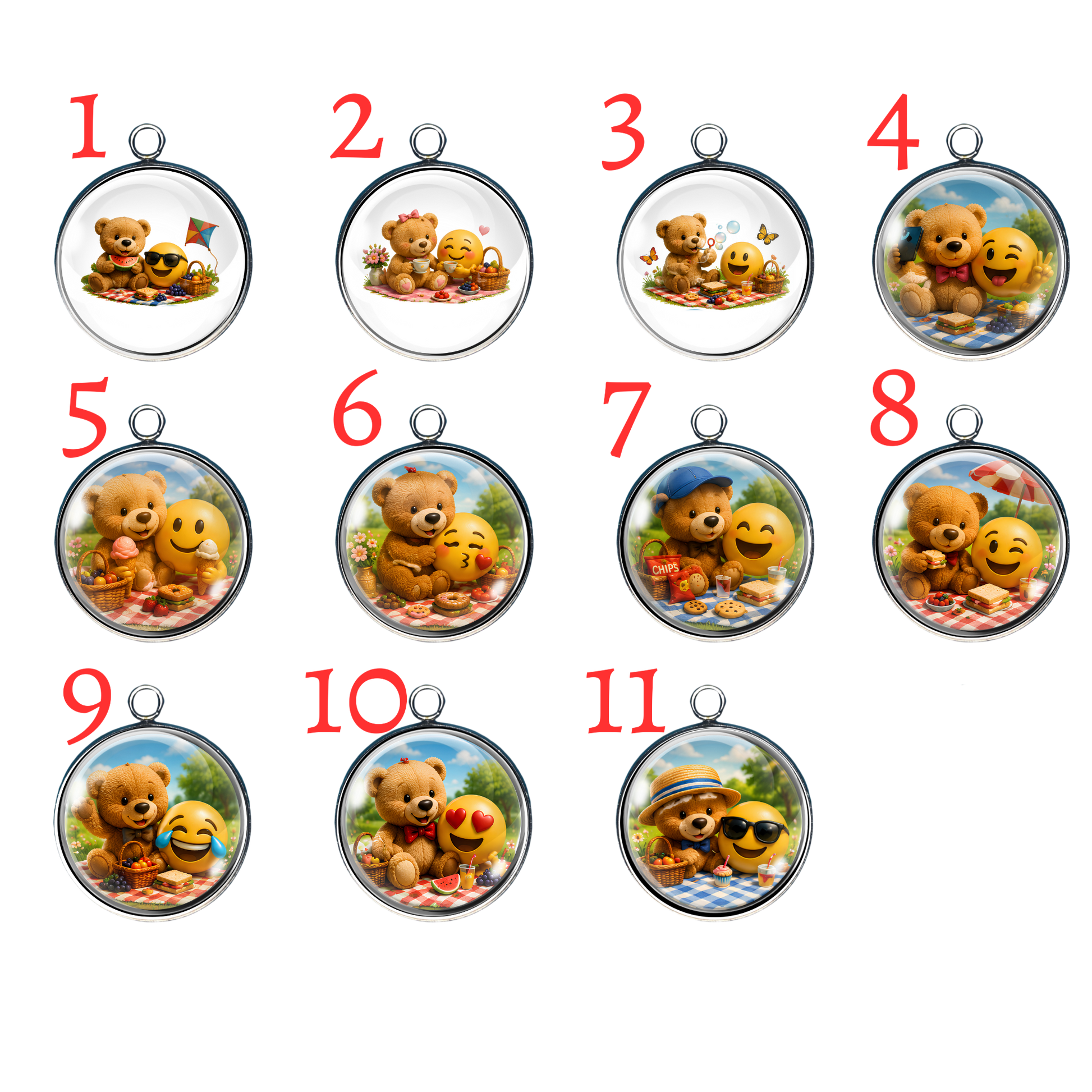 11 Teddy Bear Emoji Picnic glass cabochon charms featuring adorable teddy bears enjoying picnics with happy emoji friends in colorful outdoor scenes.