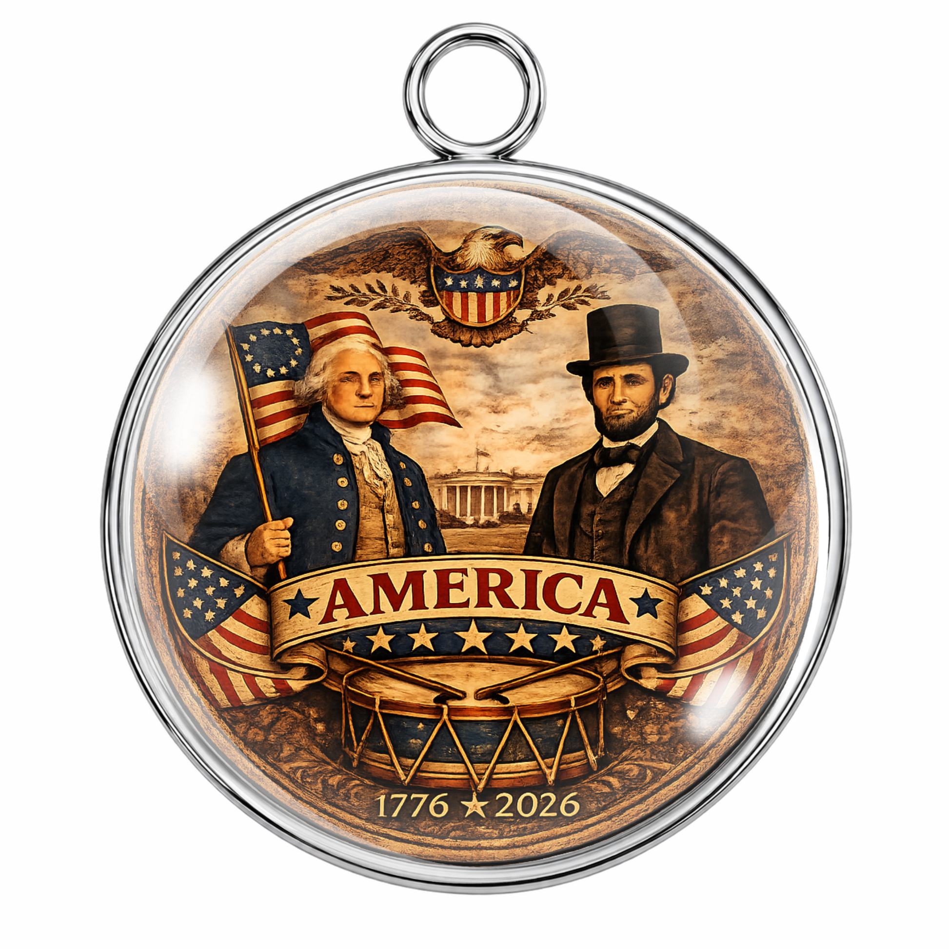 Medal with two historical figures, an eagle, and a banner reading 'America 1776-2026' on a white background.