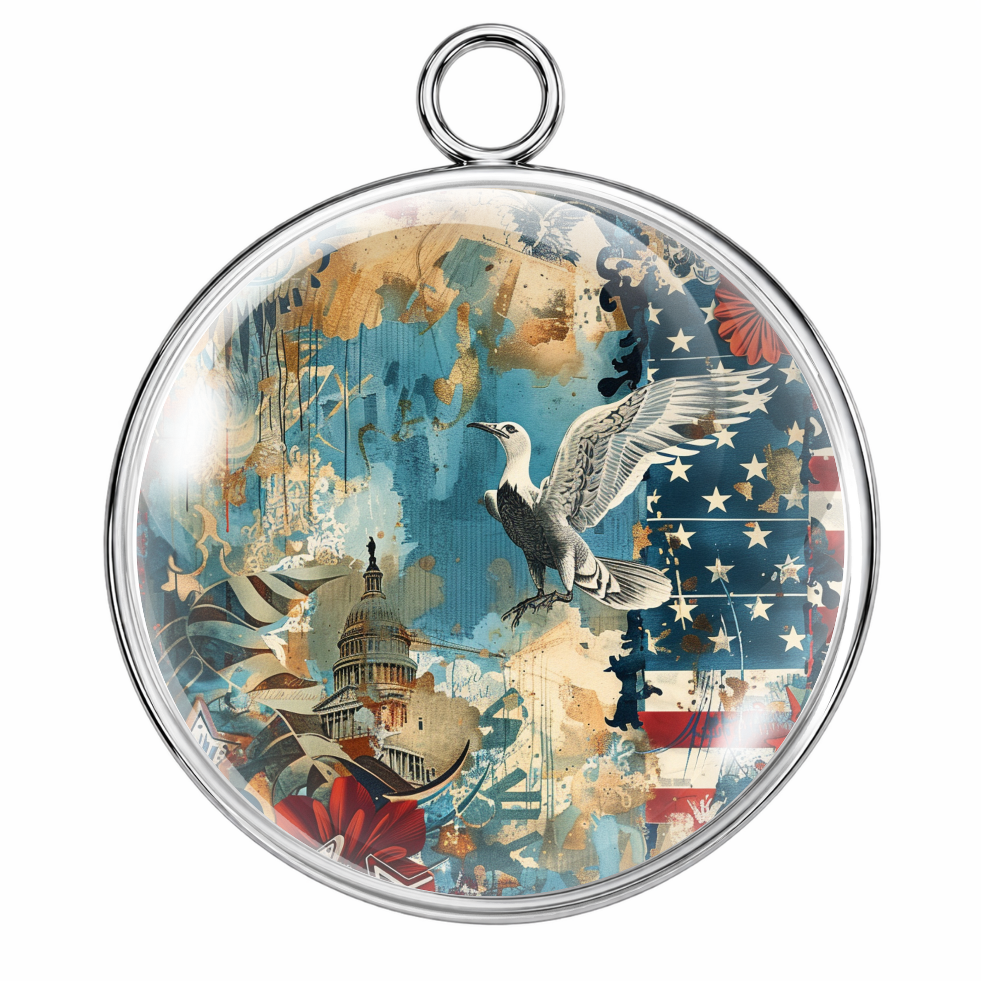 Round pendant with a design of a bird, building, and American flag on a white background