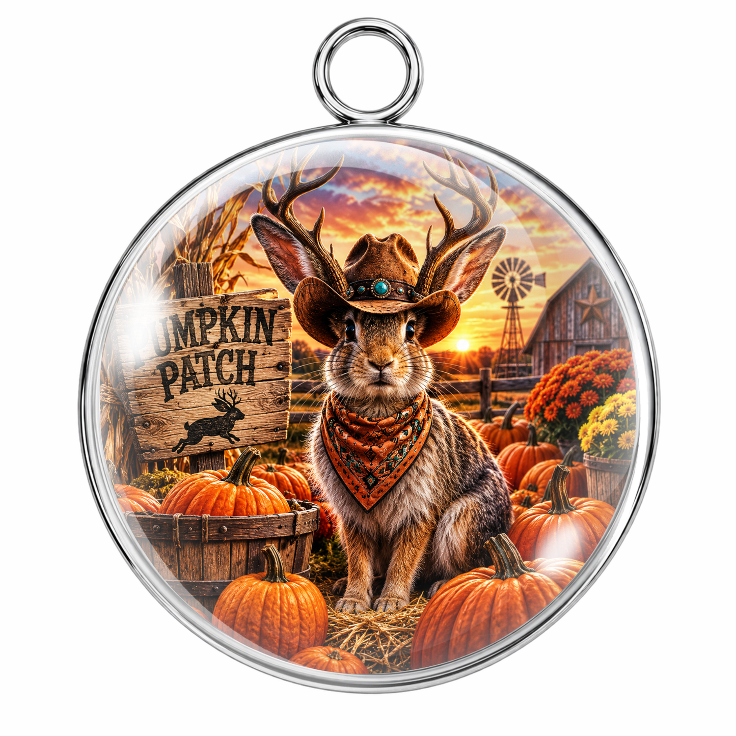 Round silver-toned pendant with a clear domed insert featuring a fall harvest scene with a rabbit wearing a cowboy hat and bandana, surrounded by pumpkins, a wagon, a wooden sign reading 'Pumpkin Patch,' and a sunset sky.