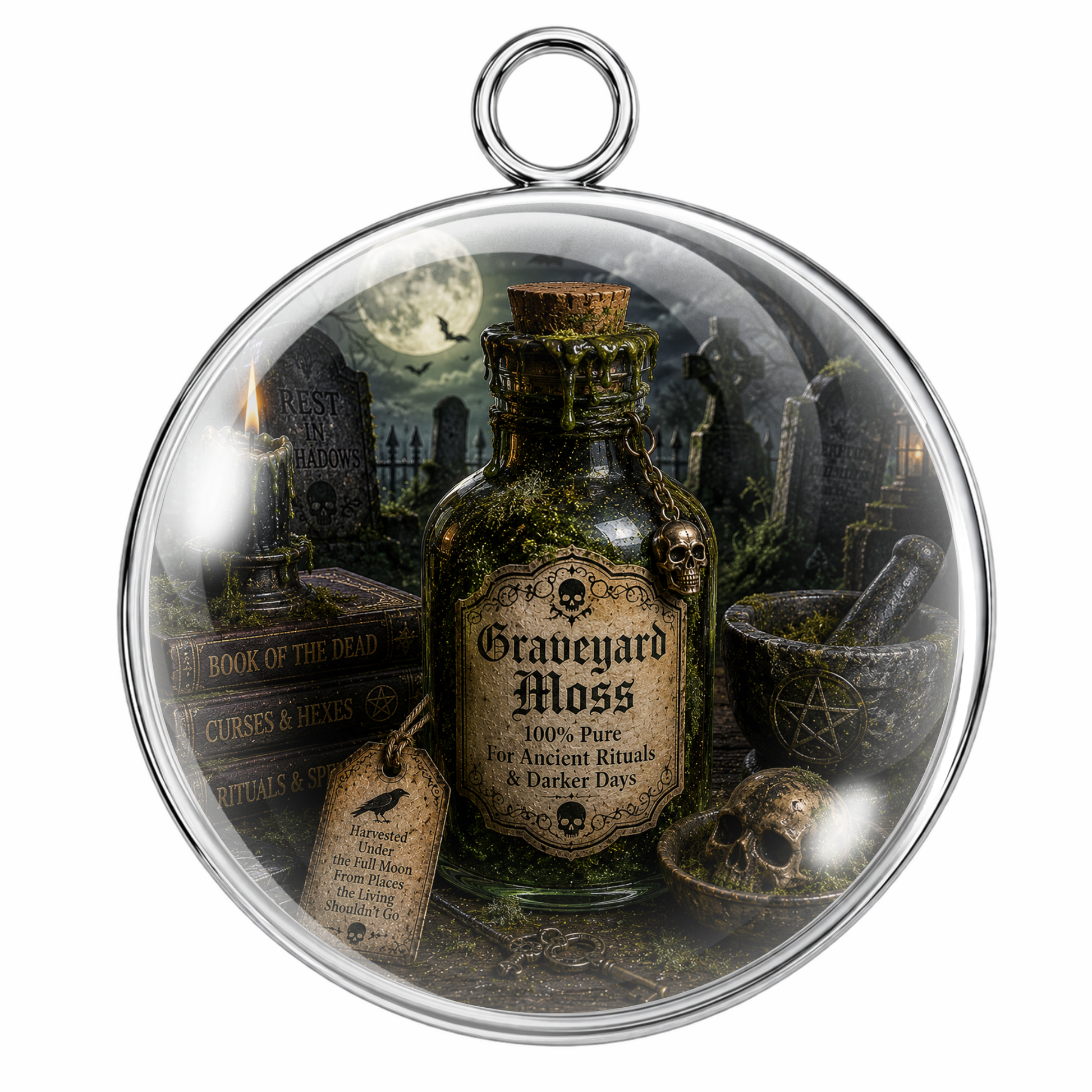 A circular glass pendant or vial with a silver-toned metal rim and hanging loop, featuring a gothic graveyard scene printed inside. The central label reads 'Graveyard Moss 100% Pure for Ancient Rituals & Darker Days,' with illustrated props including a skull, candle, books, and a mortar and pestle on a white background.
