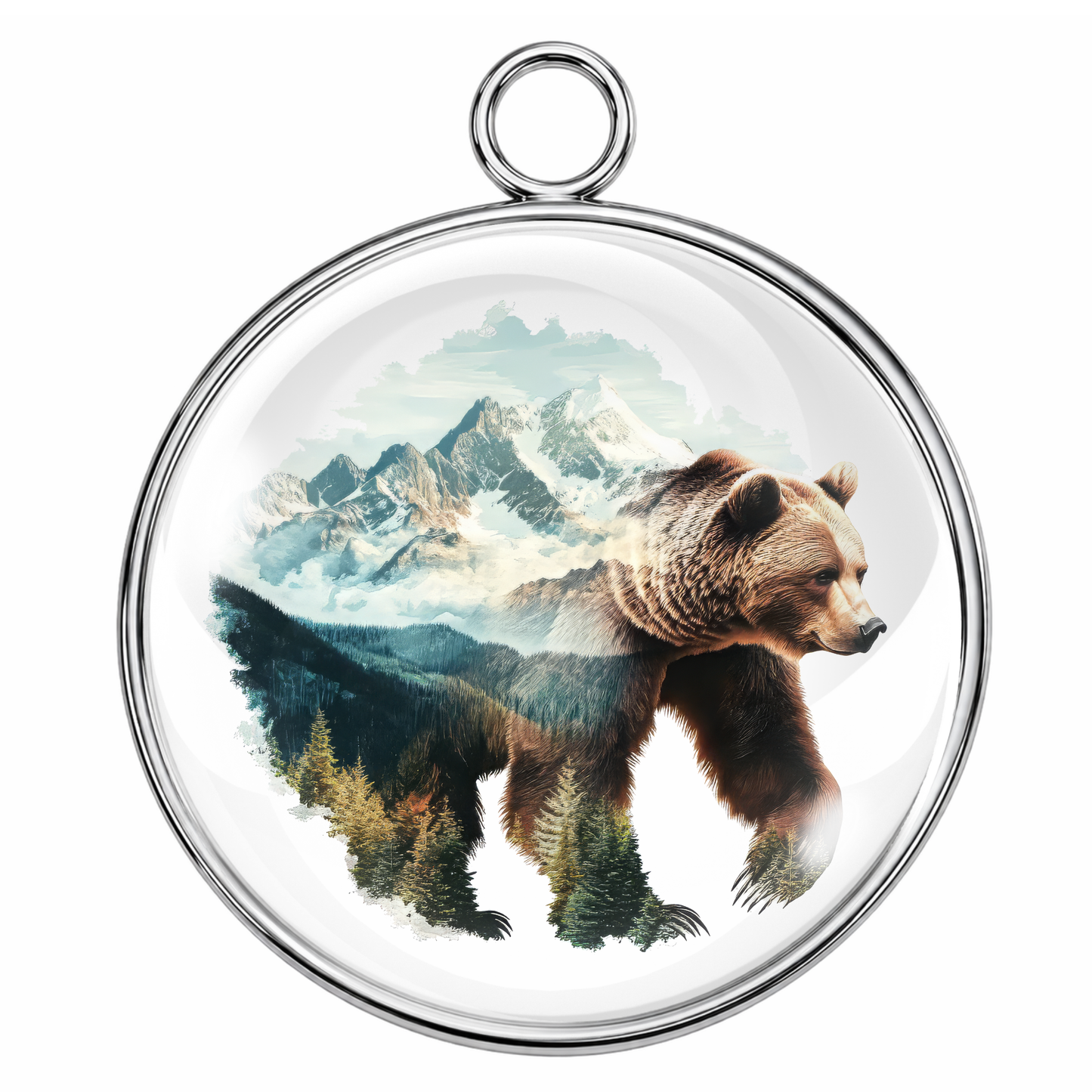 Round pendant with a bear and mountain design on a white background